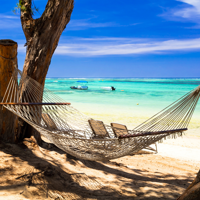 A hammock on the beach, by the ocean.