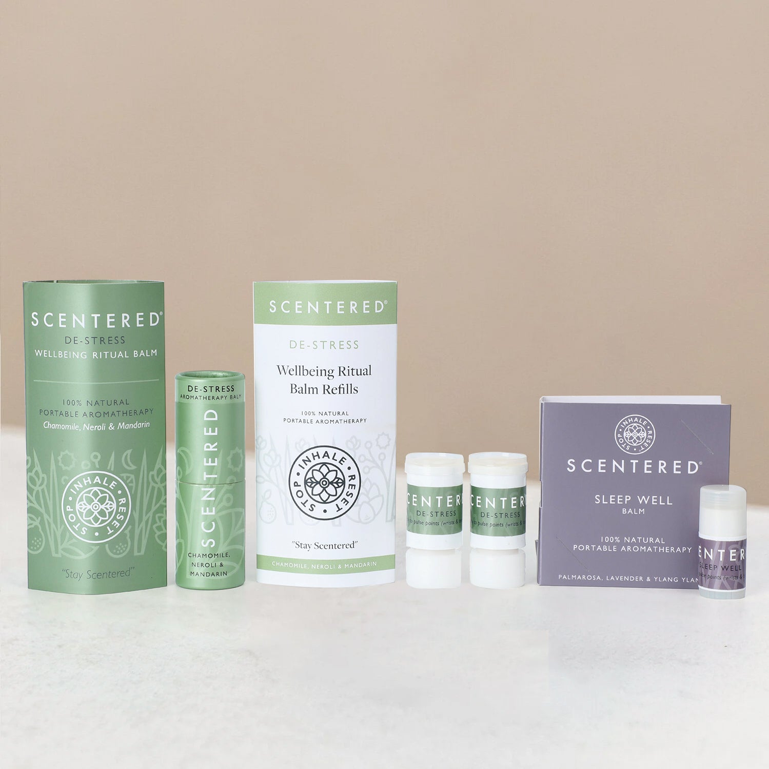 Scentered wellness products including De-stress & focus balms and refills.