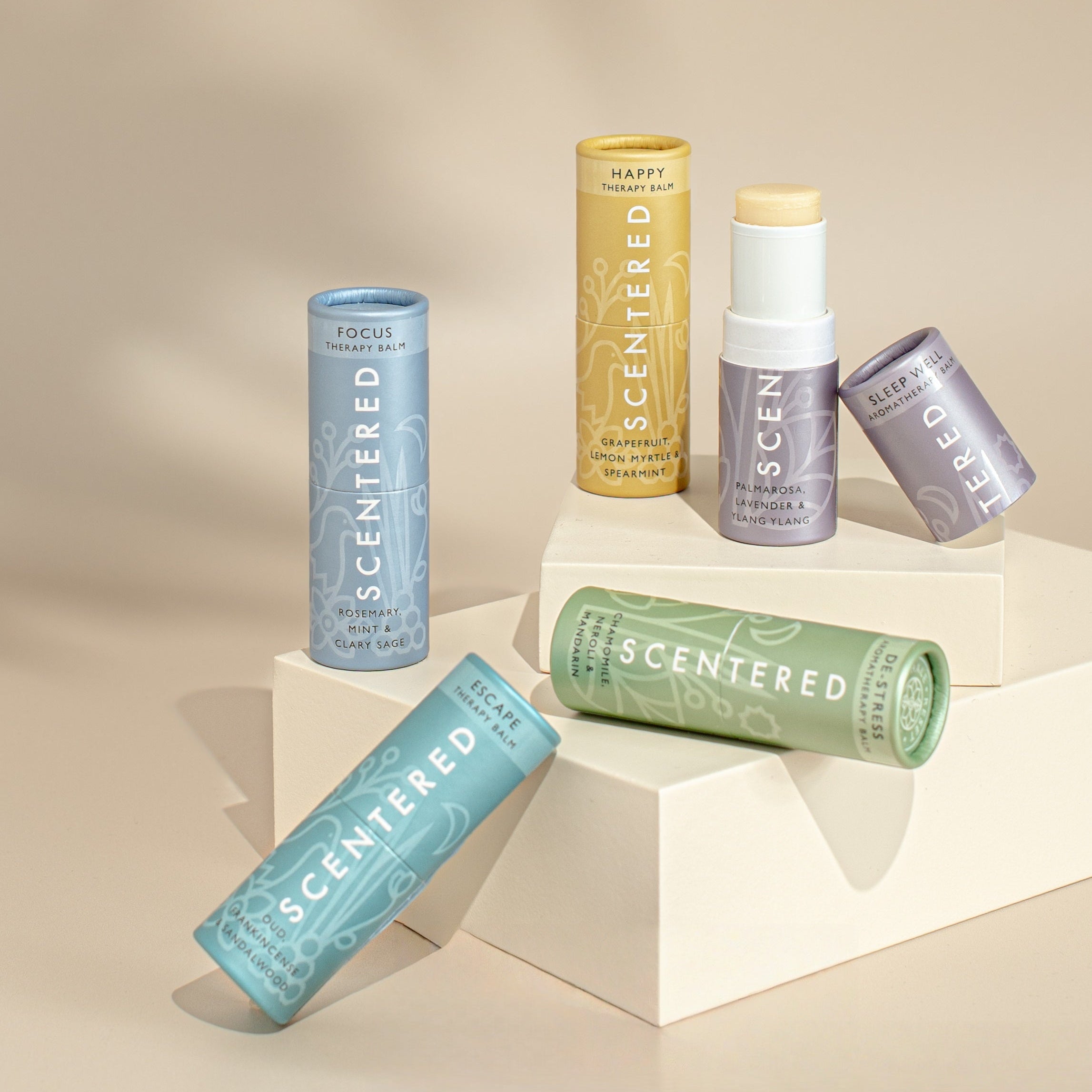 Collection of  Scentered balms including the focus balm, happy balm, sleep balm, de-stress balm and escape balm.