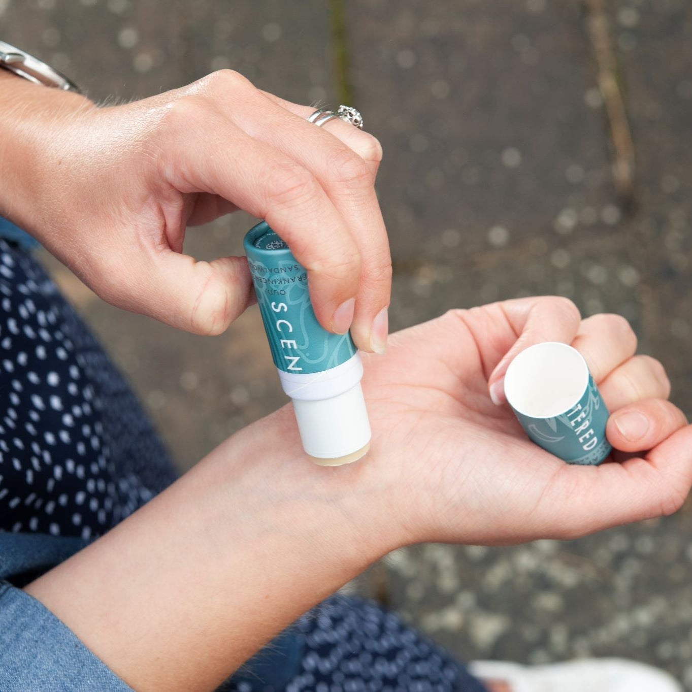 Apply Scentered Escape Balm to your wrist pulse points to relax and calm your mind.