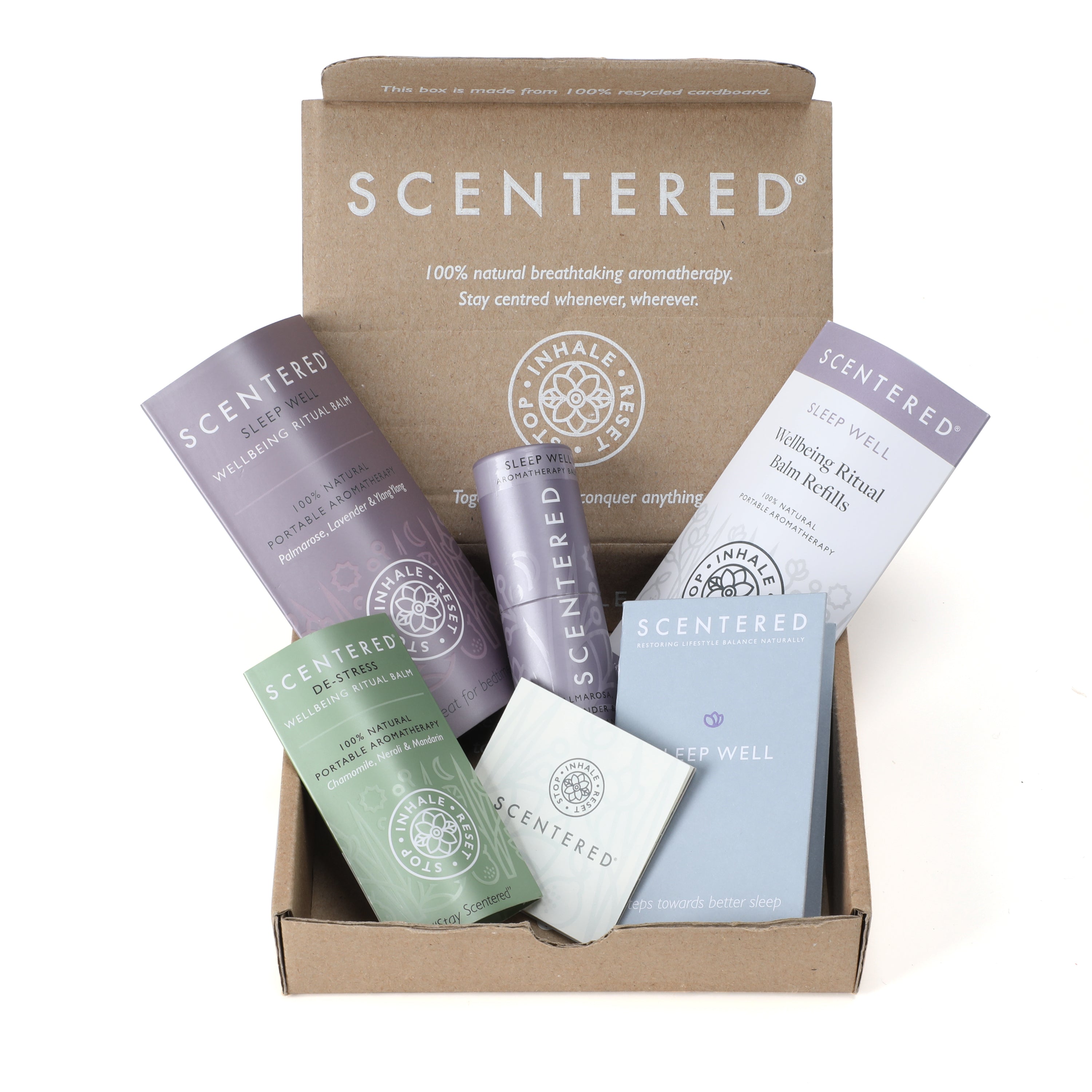 Sleep Wellness Balm Collection -gift set in box including a sleep well balm , 2 wellbeing ritual balm refills and a de-stress balm.