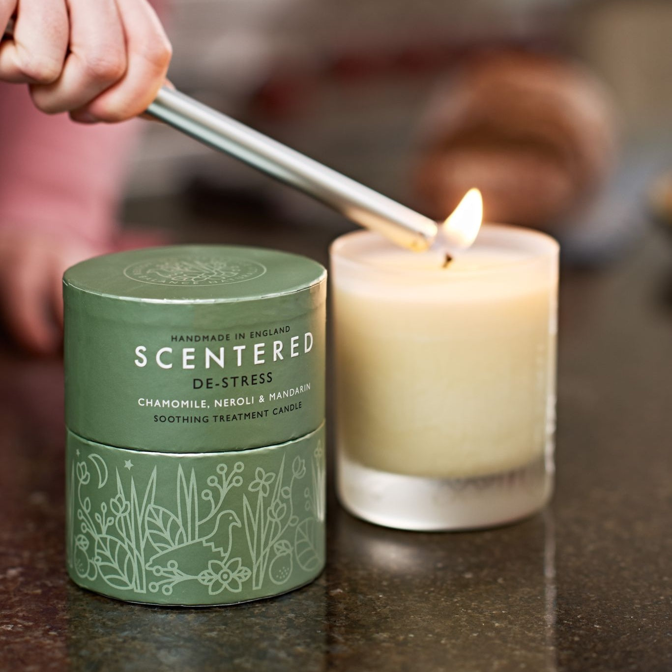 Relieve stress and anxiety with our calming aromatherapy candle, infused with essential oils.