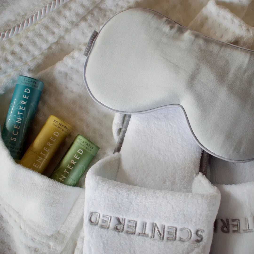 Enhance your bath with our grounding Escape Aromatherapy Candles and luxurious Silk Eye Mask for the ultimate calm.