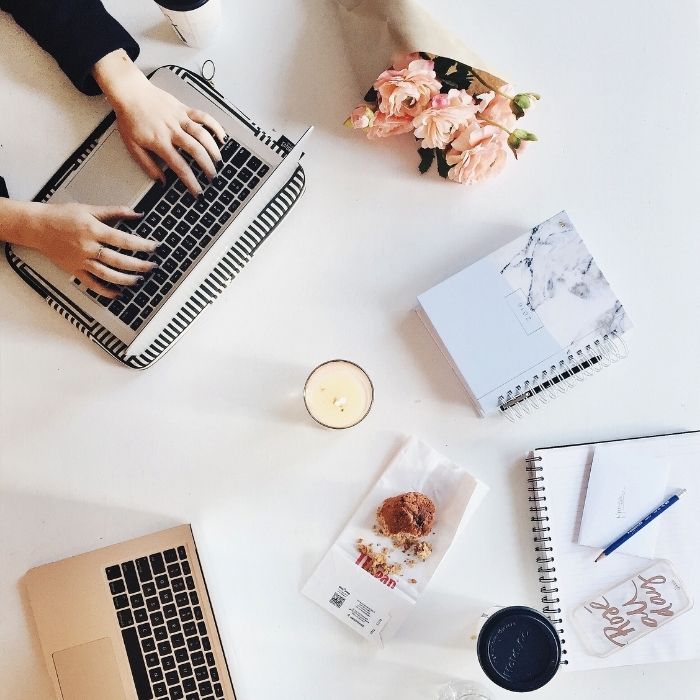 Work environment with laptops