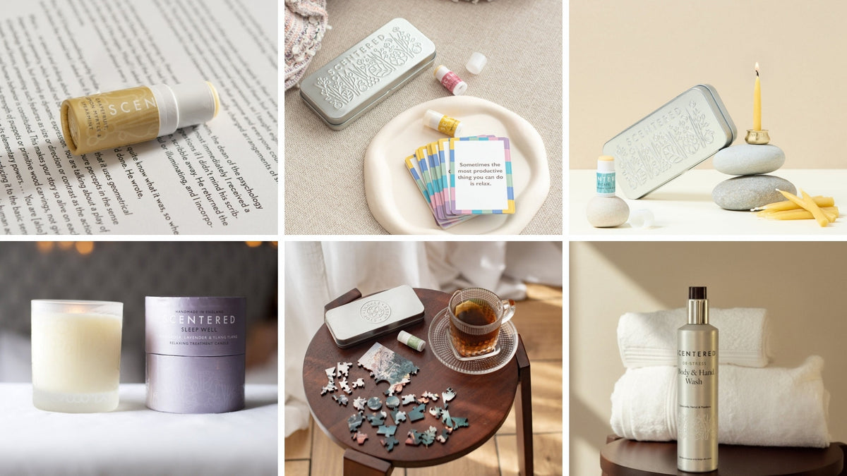 Collage of six Scentered Wellbeing Booster Box products: Happy balm, Affirmation Cards Set, Mindful Escape set, Sleep Well home candle, Change of Pace puzzle and De-stress body and hand wash