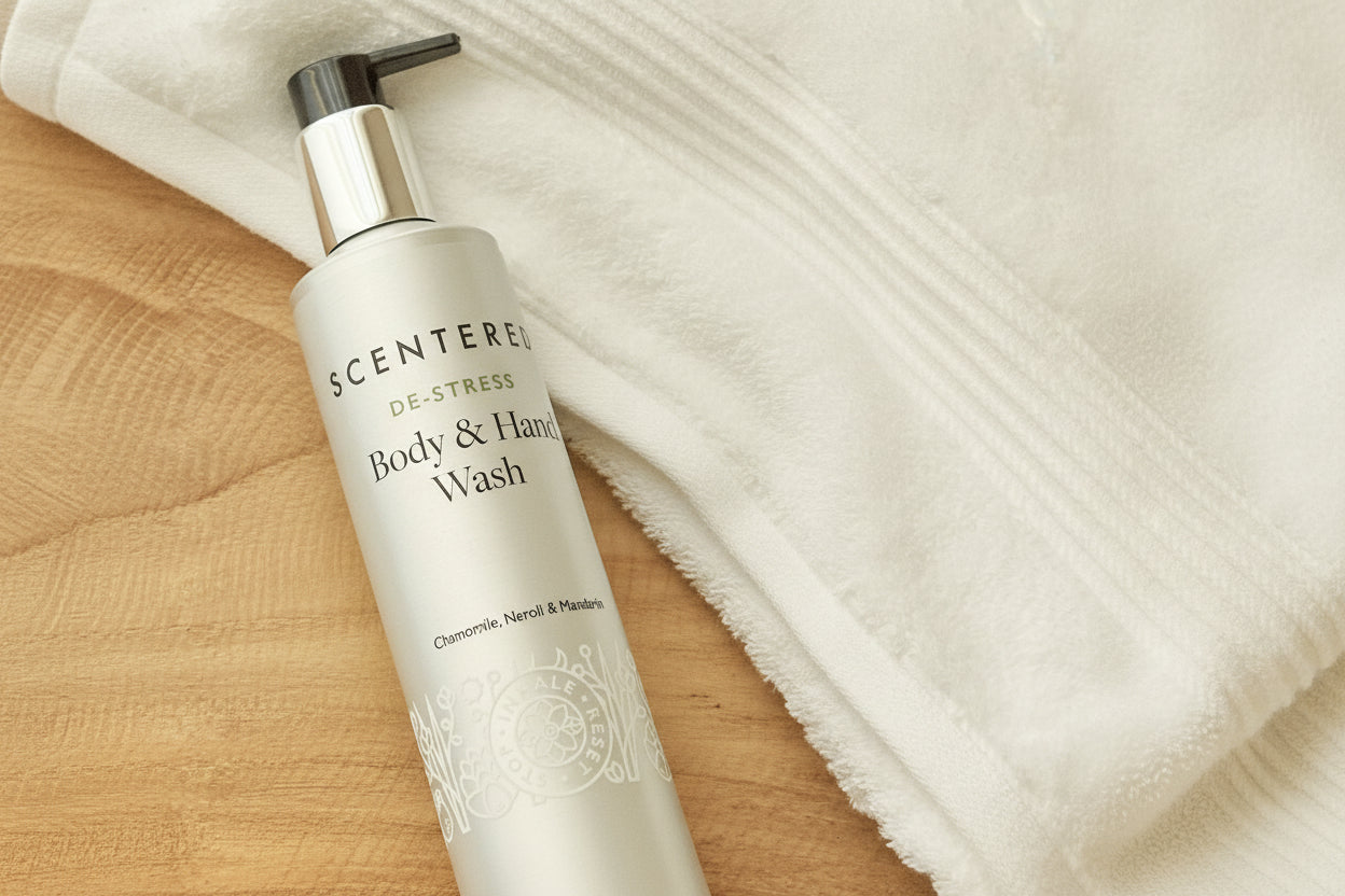 Body and hand wash display with towel