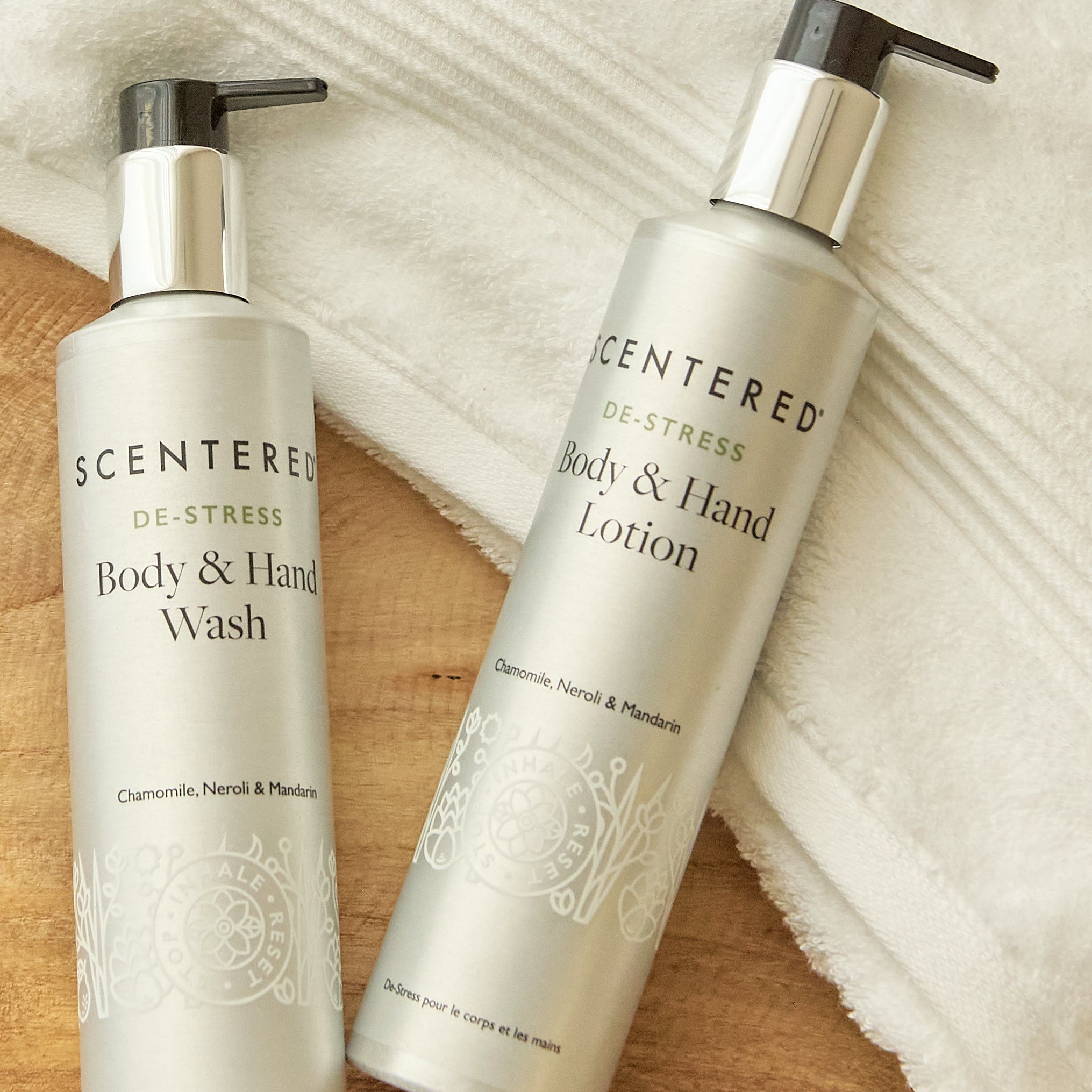 Body and hand wash lotion display with towel