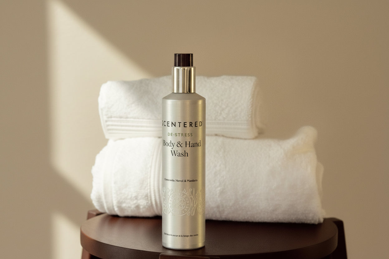 Body and hand wash lotion on the chair with the towel.