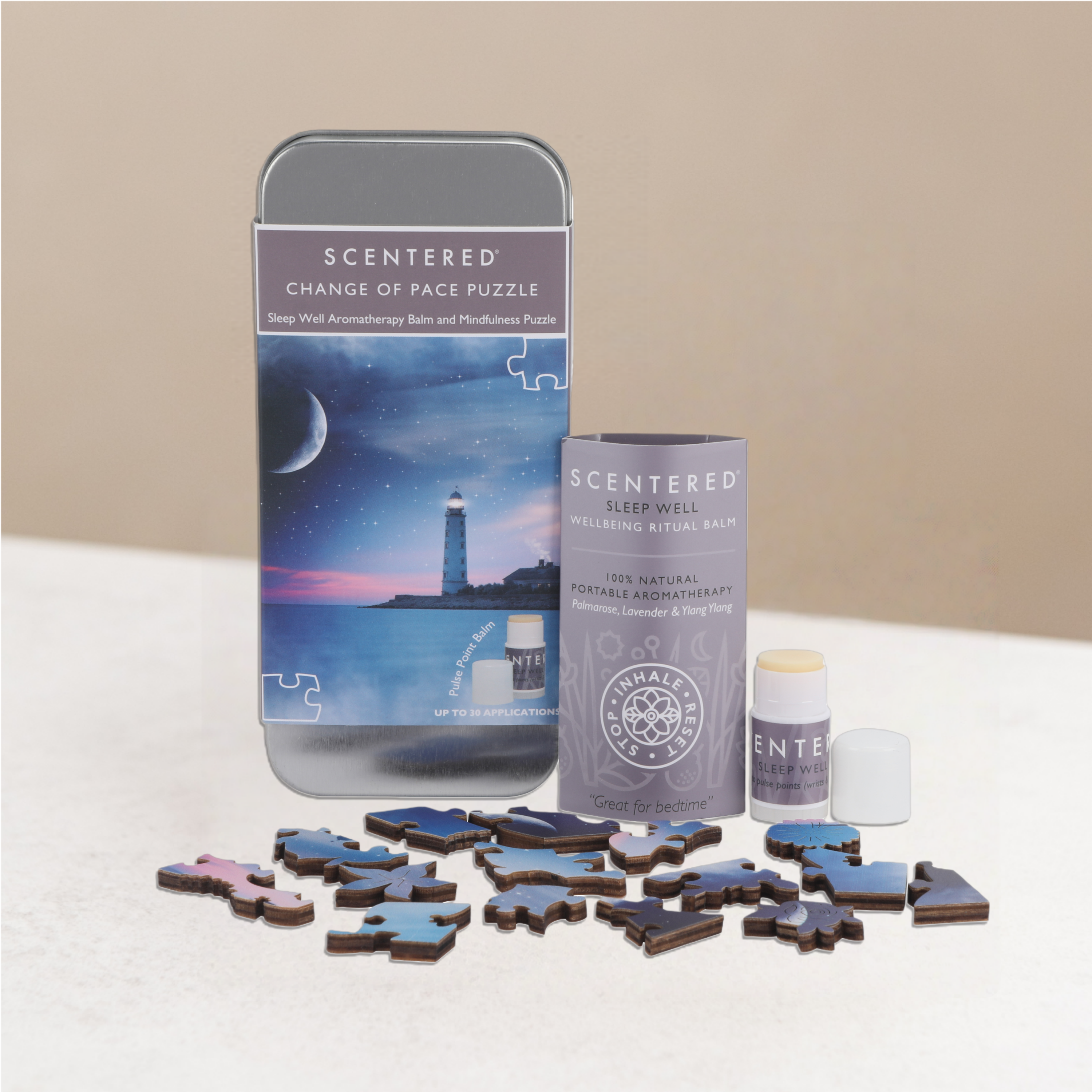 Scentered Change of Pace Puzzle and packaging on a warming background