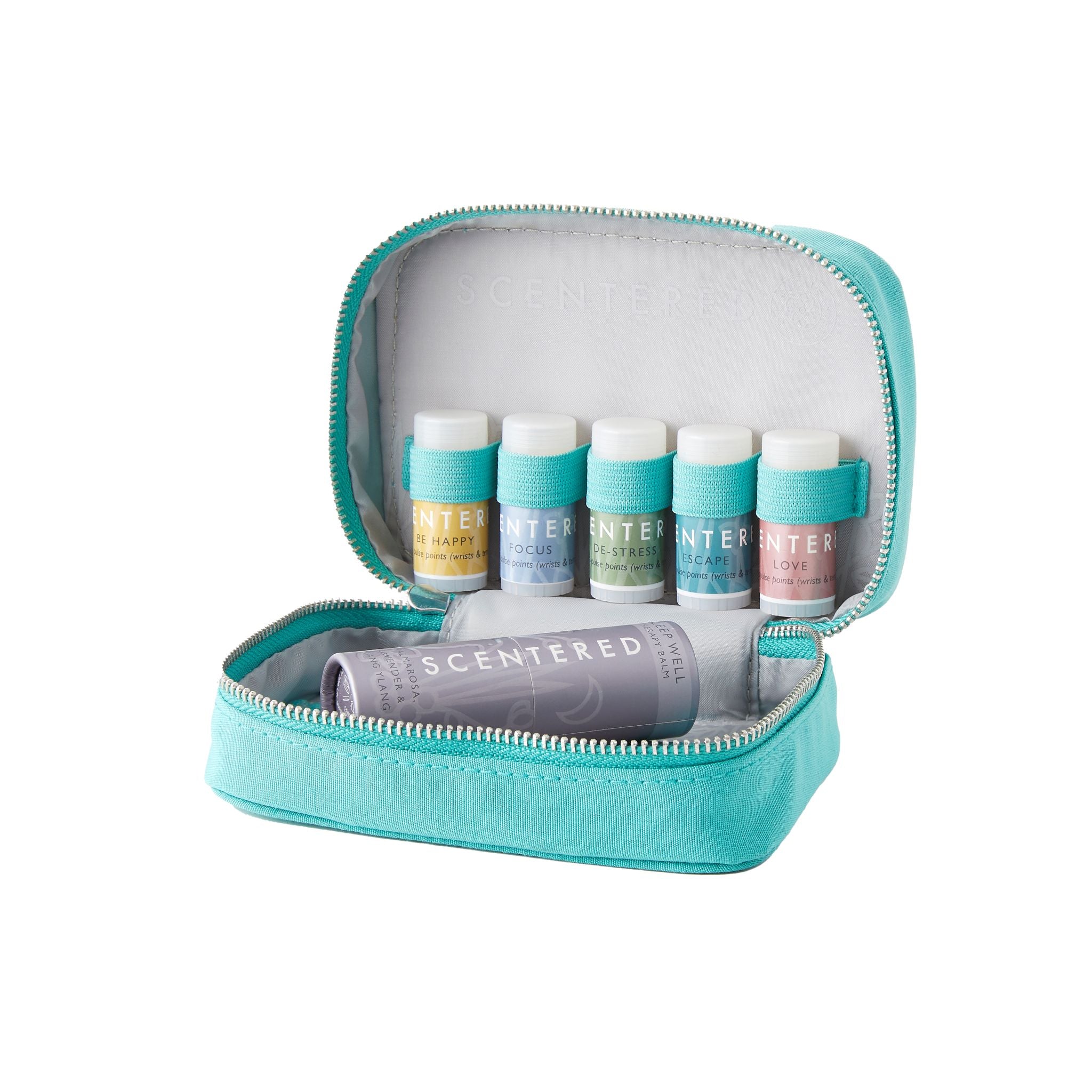 All 6 Scentered Aromatherapy Balms in a turquoise case on a white background