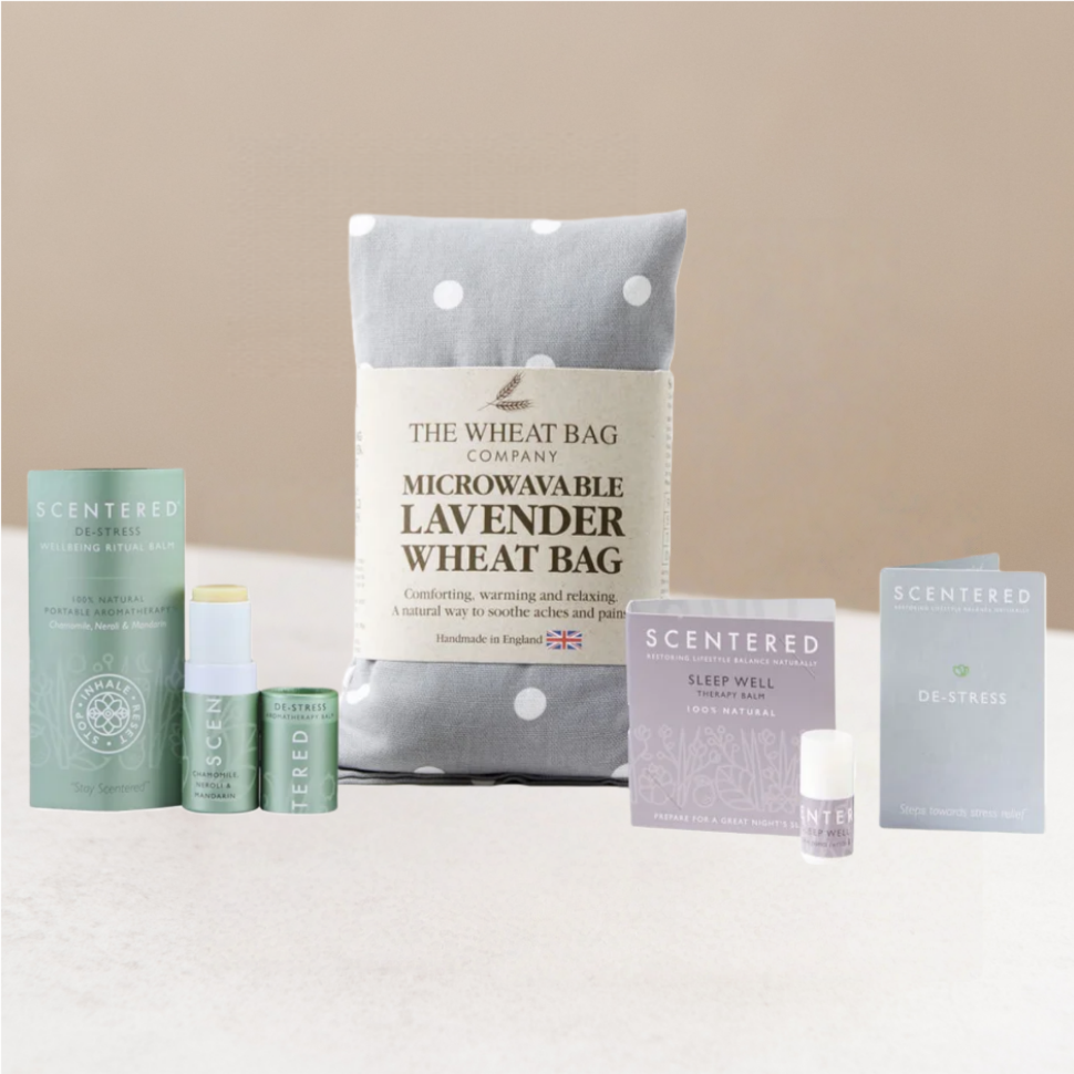 De-stress relaxation balm set including the de-stress balm, lavender wheat bag ad sleep well mini balm.
