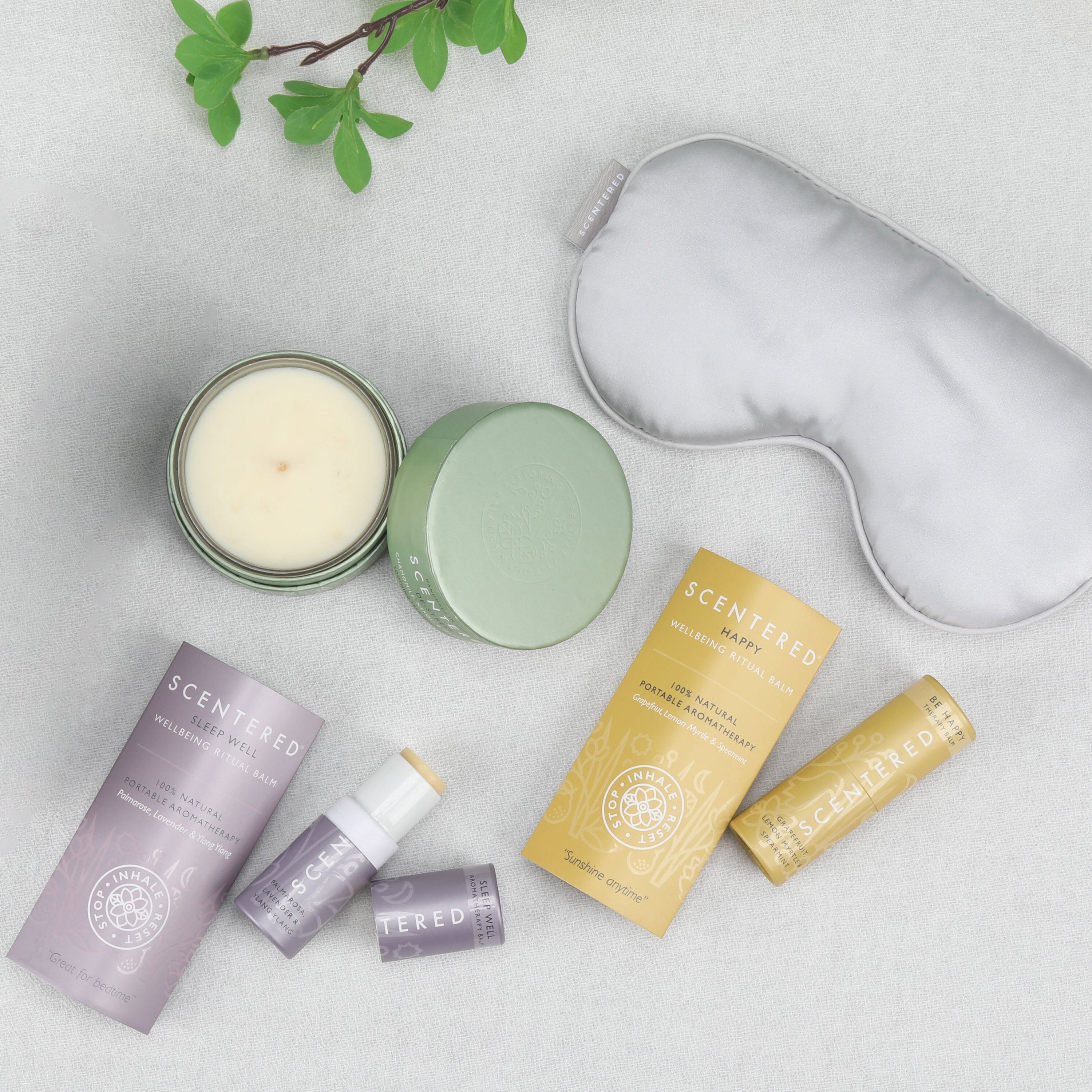 Dream Shine Collection including a de-stress candle, eye mask, happy balm and sleep well balm.