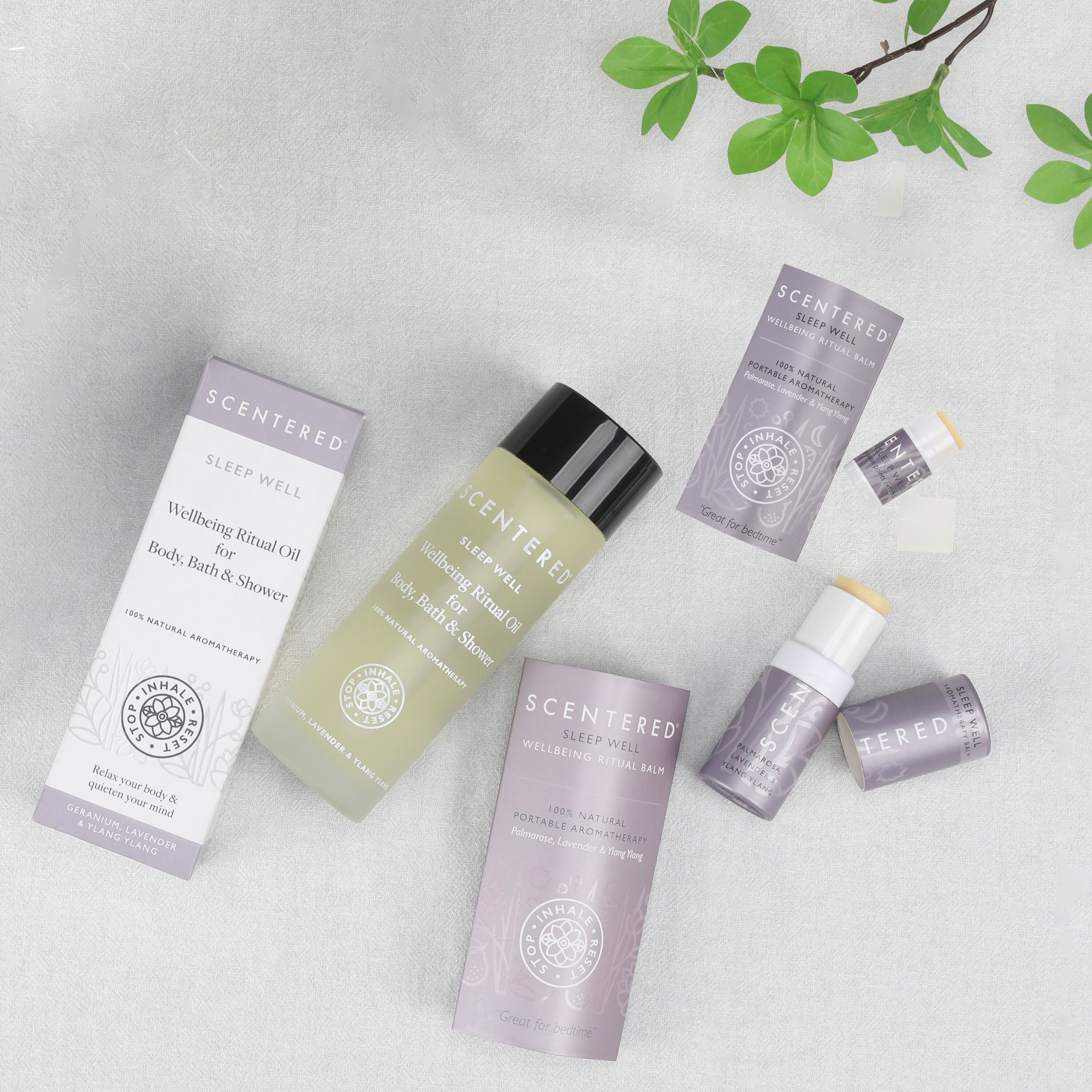 Drift into sleep collection including ritual Oil, 5g Sleep well balm and mini balm.