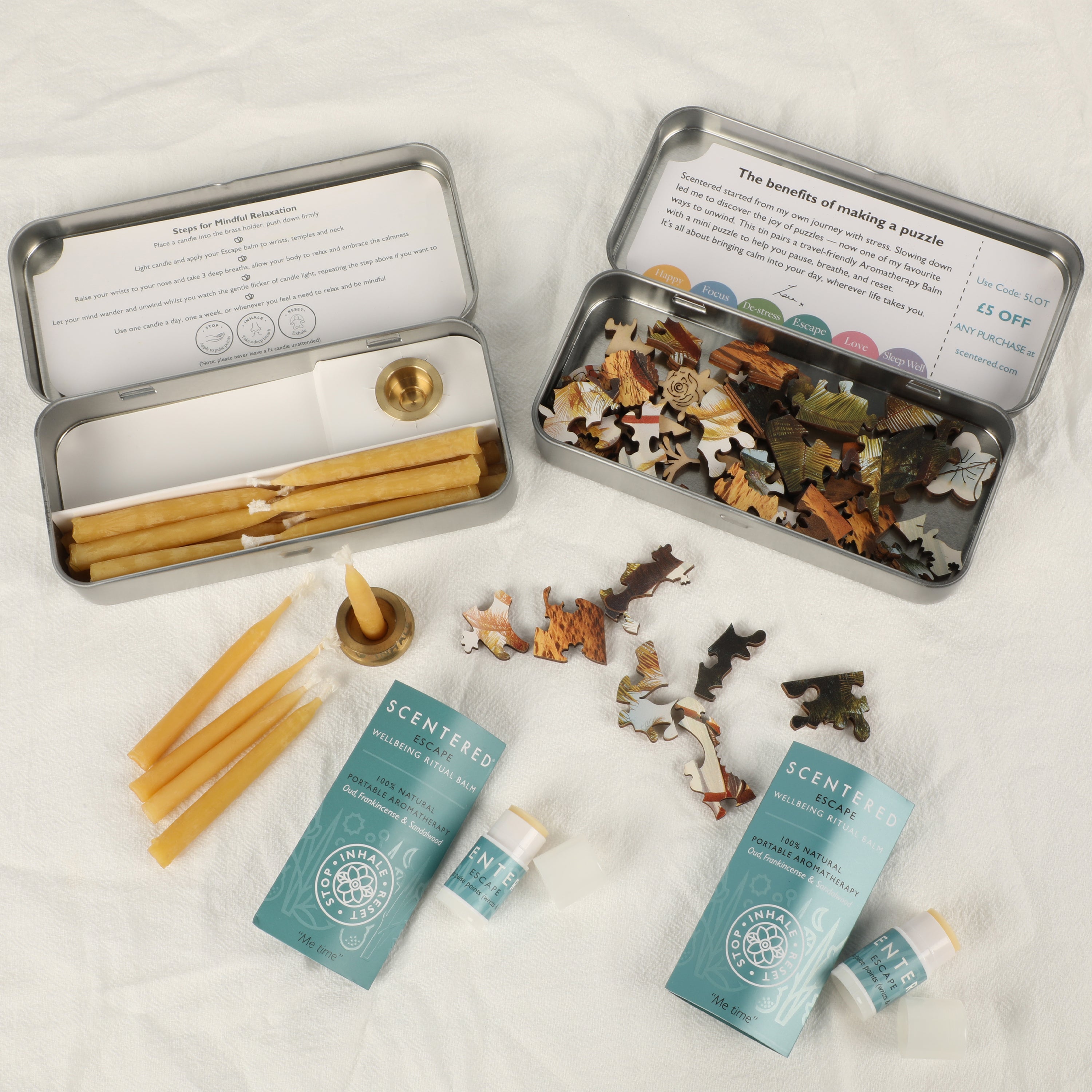 Rest restore collection including escape relaxation, escape change of pace and beeswax mindfulness candles