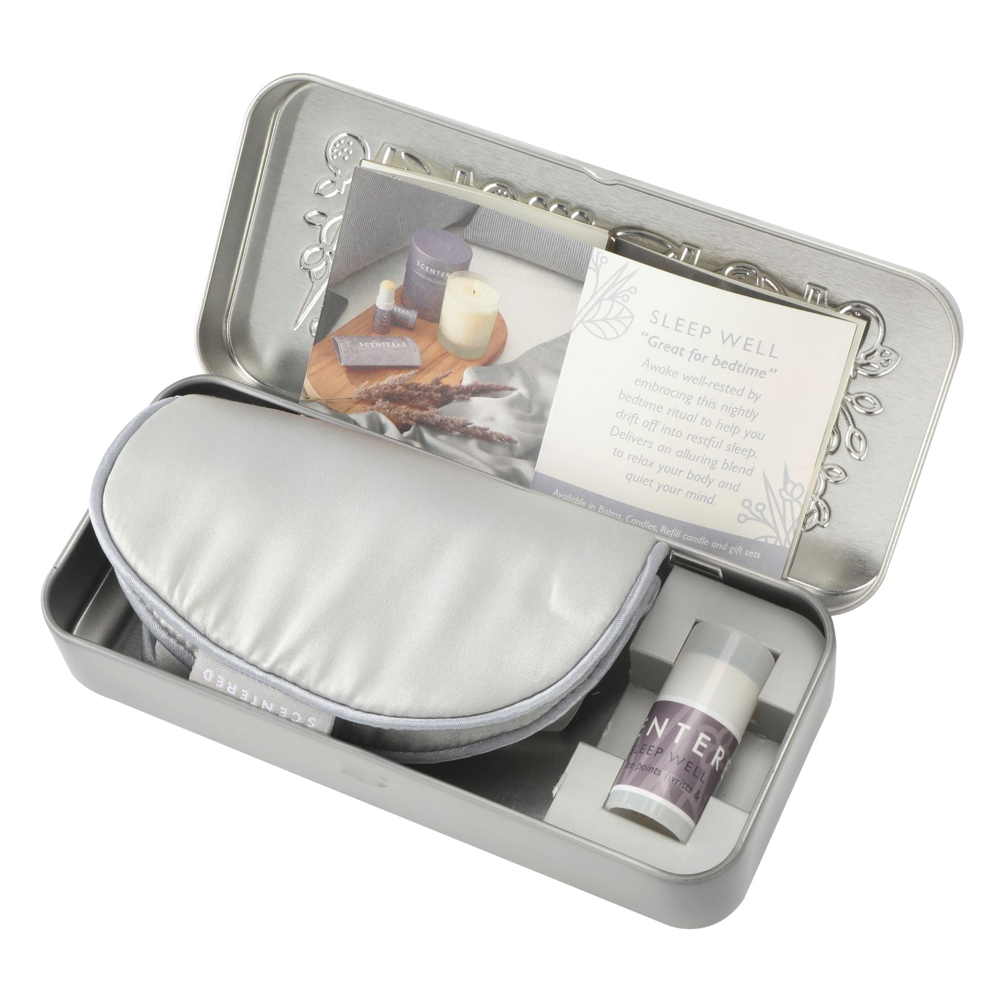 Sleep aid product set with silk eye pillow and Sleep Well mini balm in a metal travel tin.