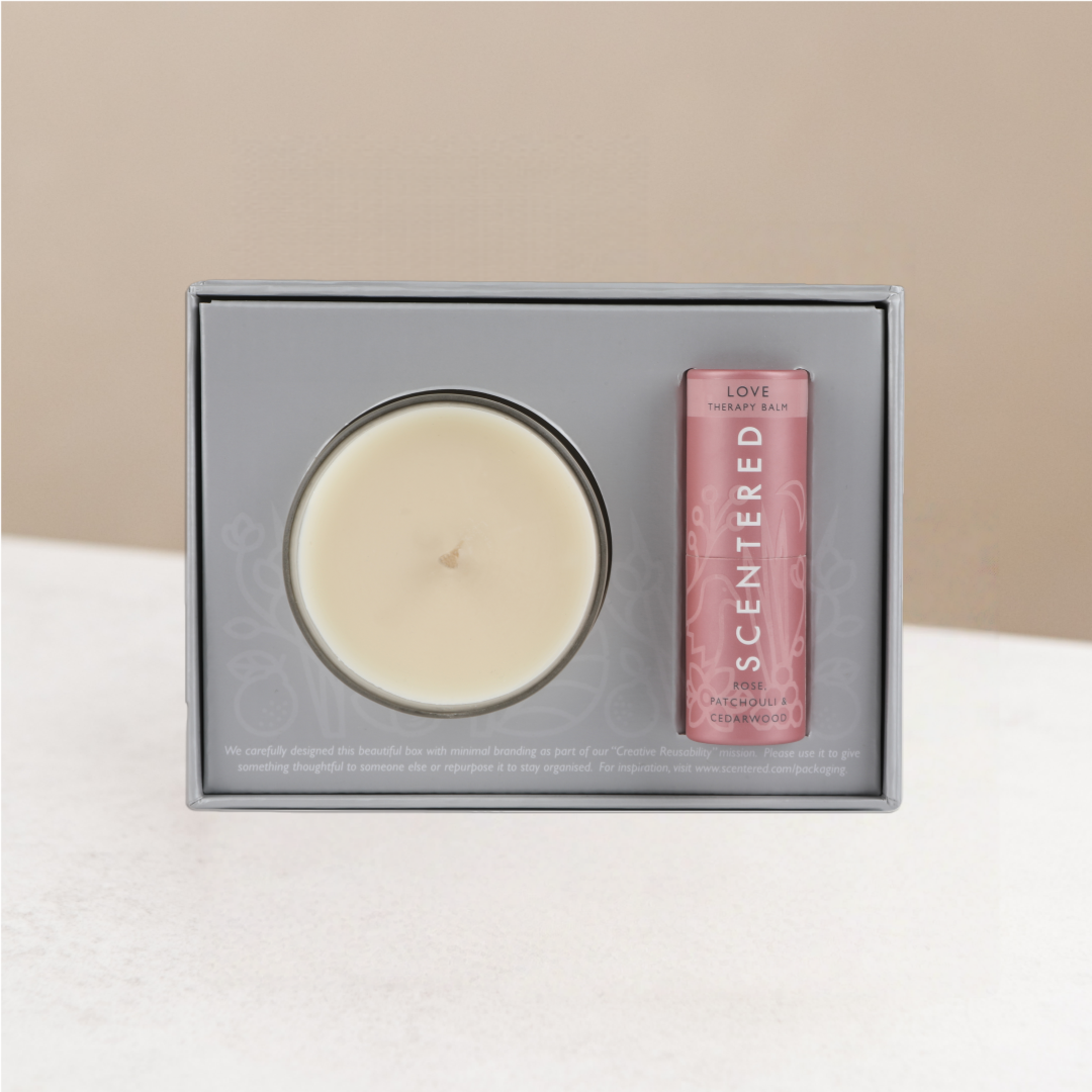 Love candle and love balm gift set for daily ritual.