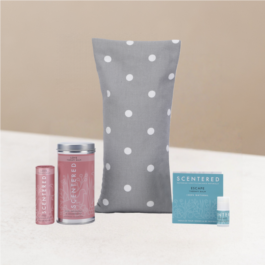 Love Relaxation Set including lavender wheat bag, love balm and escape mini balm.