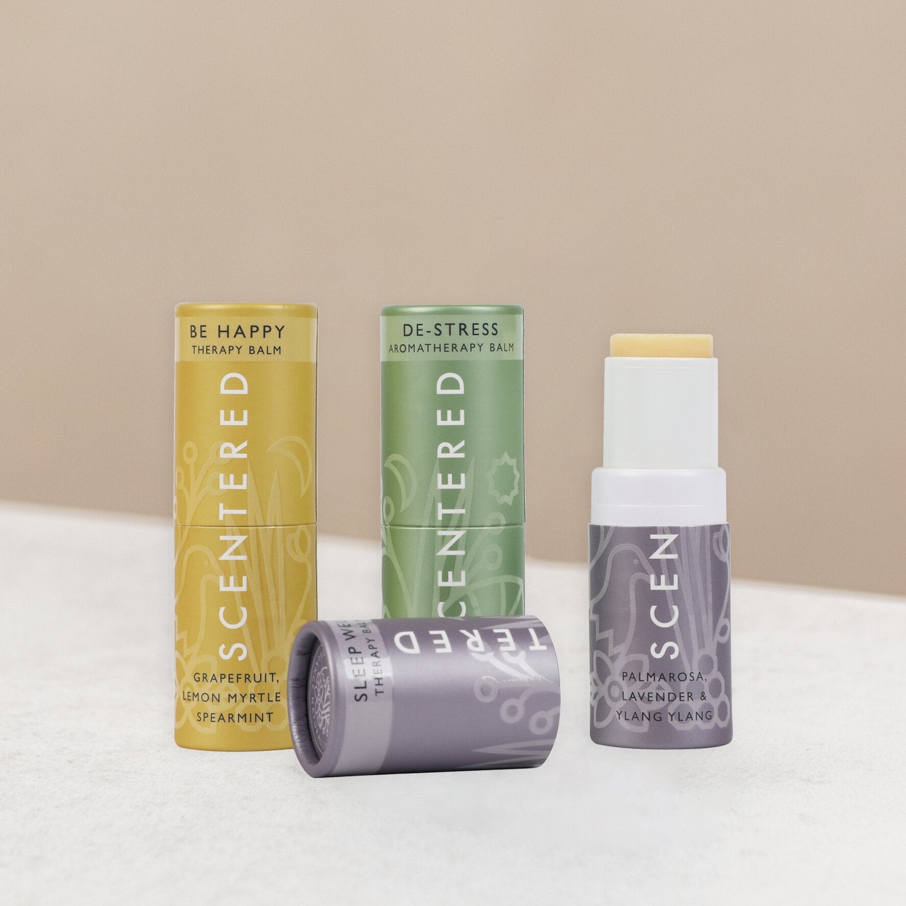 Positive & Relaxed Balm Set including happy balm, de-stress balm and sleep balm.