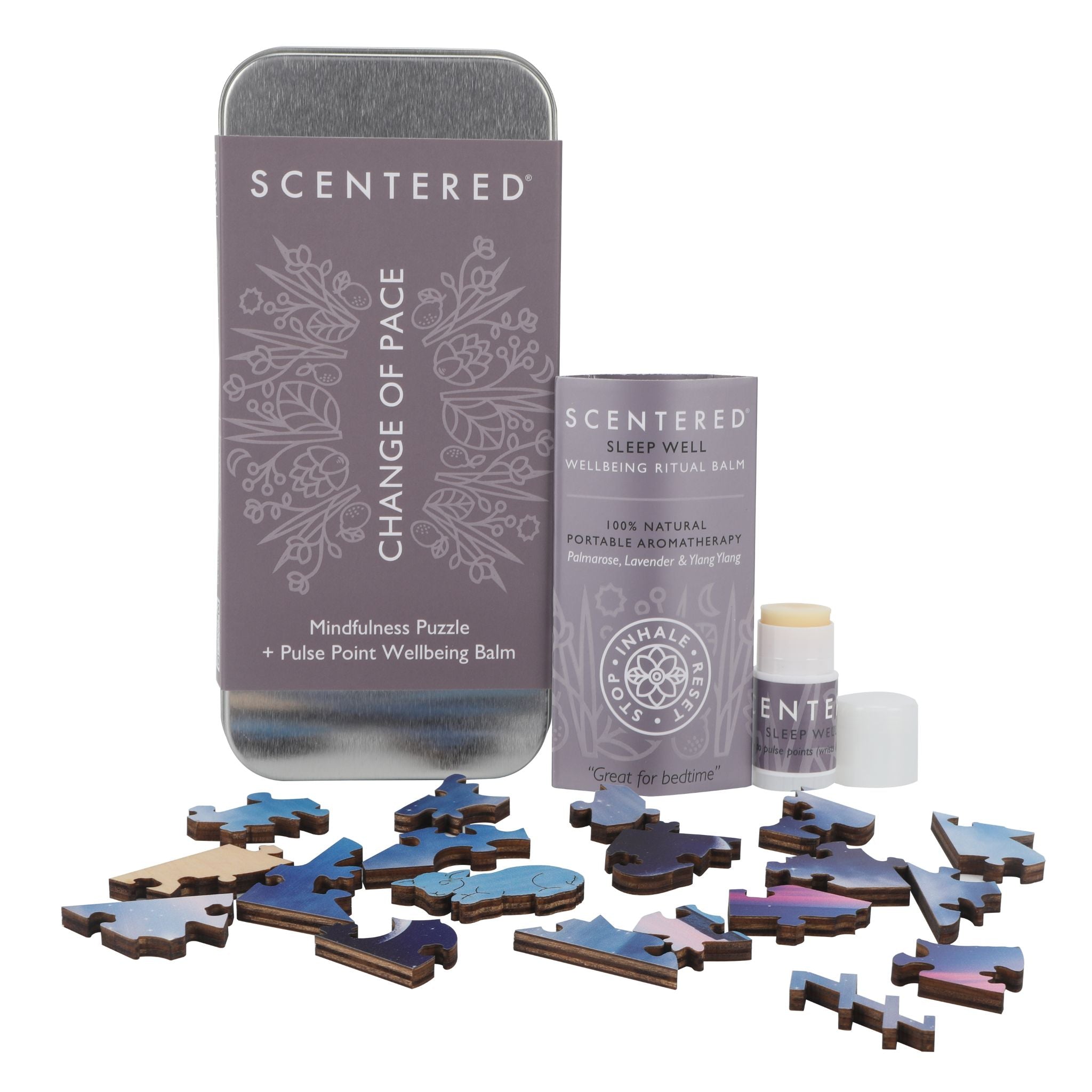 Scentered mindfulness puzzle and Sleep well aromatherapy balm packaging on a white background