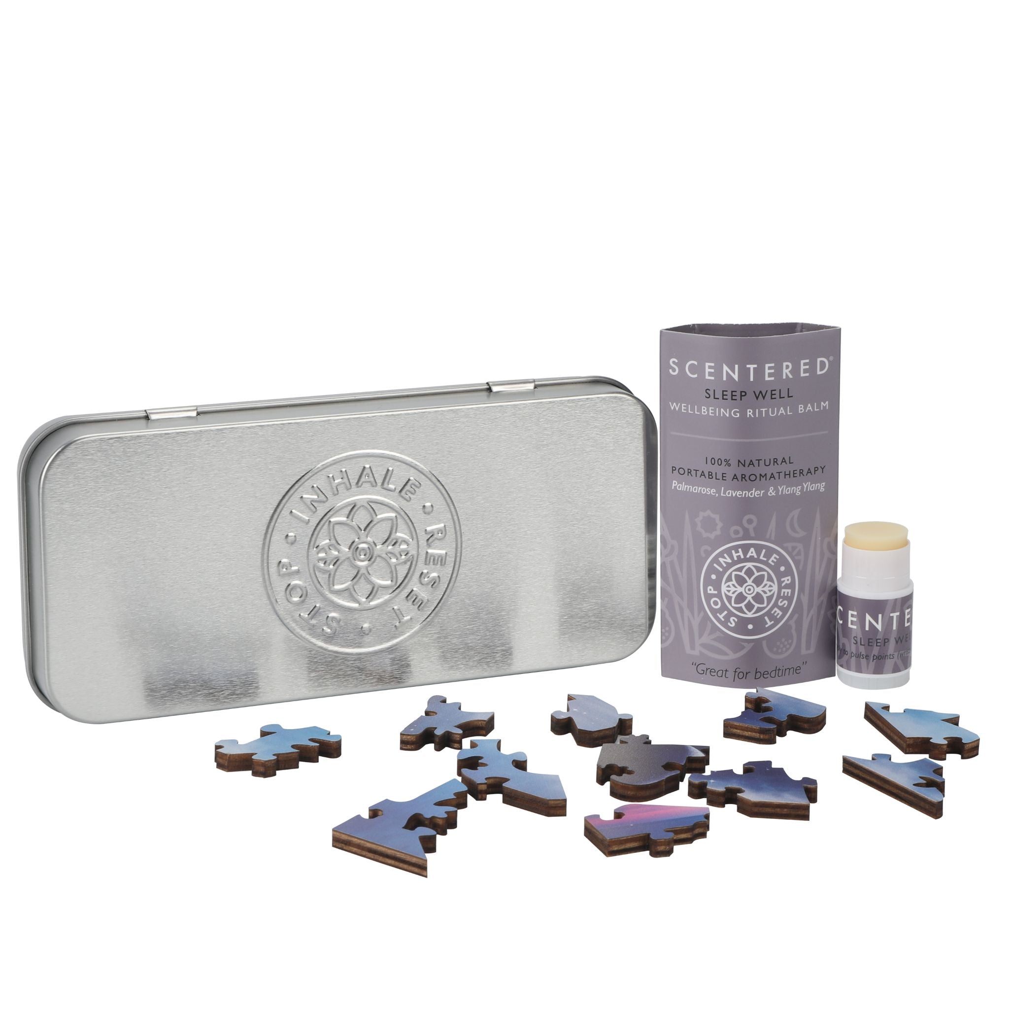 Scentered Sleep Well mini balm, a puzzle and metal reusable tin.