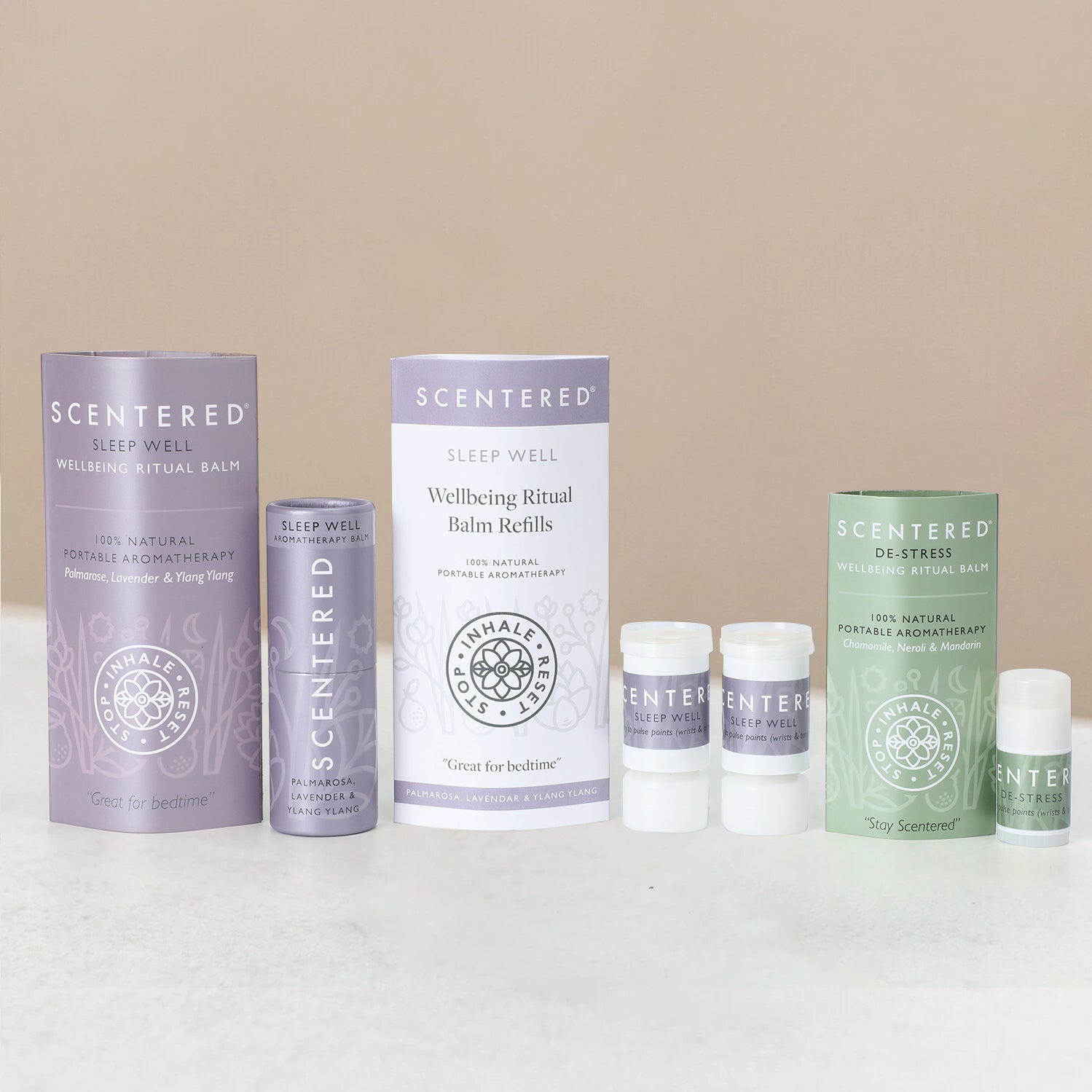 Scentered wellness products including sleep well & de-stress balms and refills.