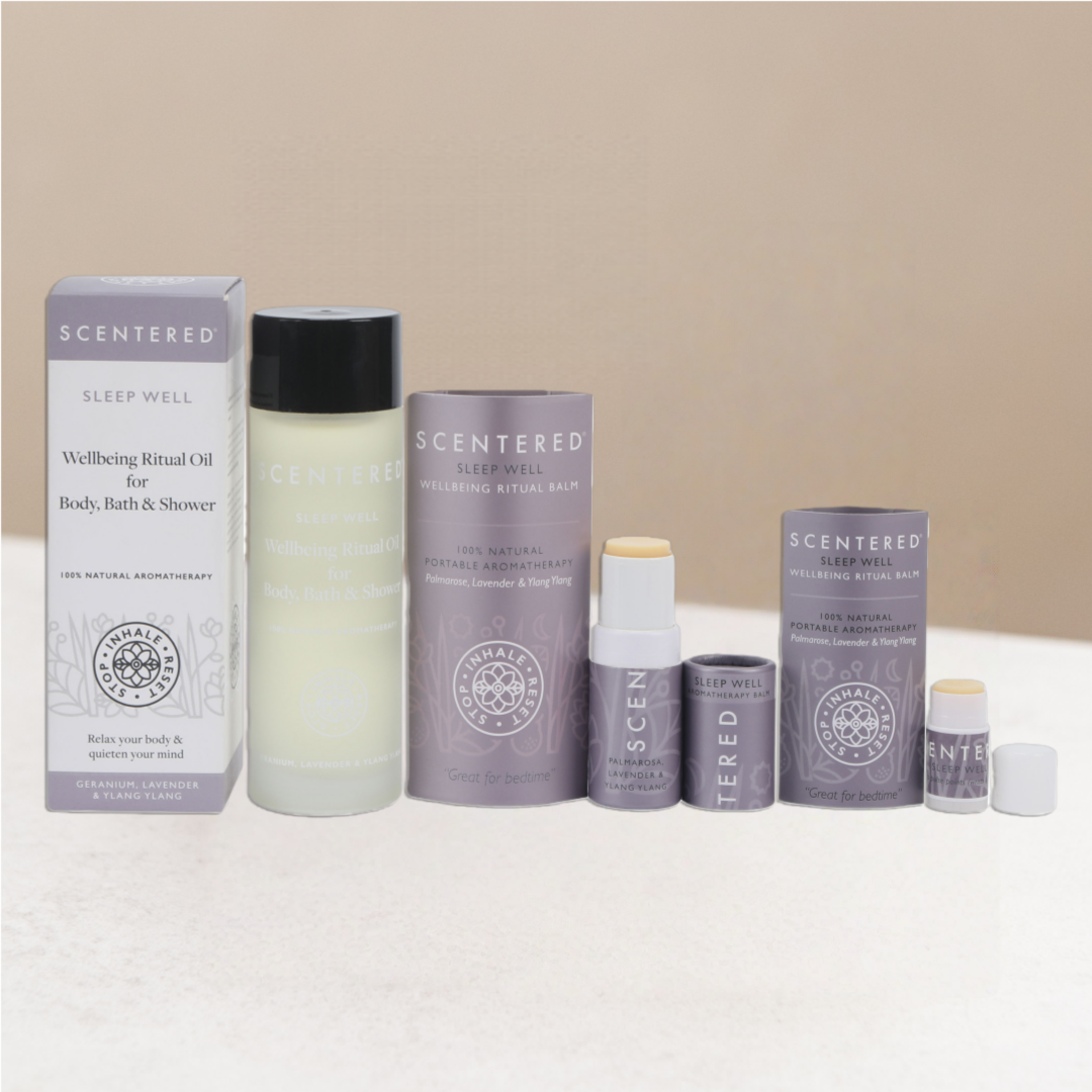 Ritual Oil, 5g sleep well balm and mini balm on a warming background