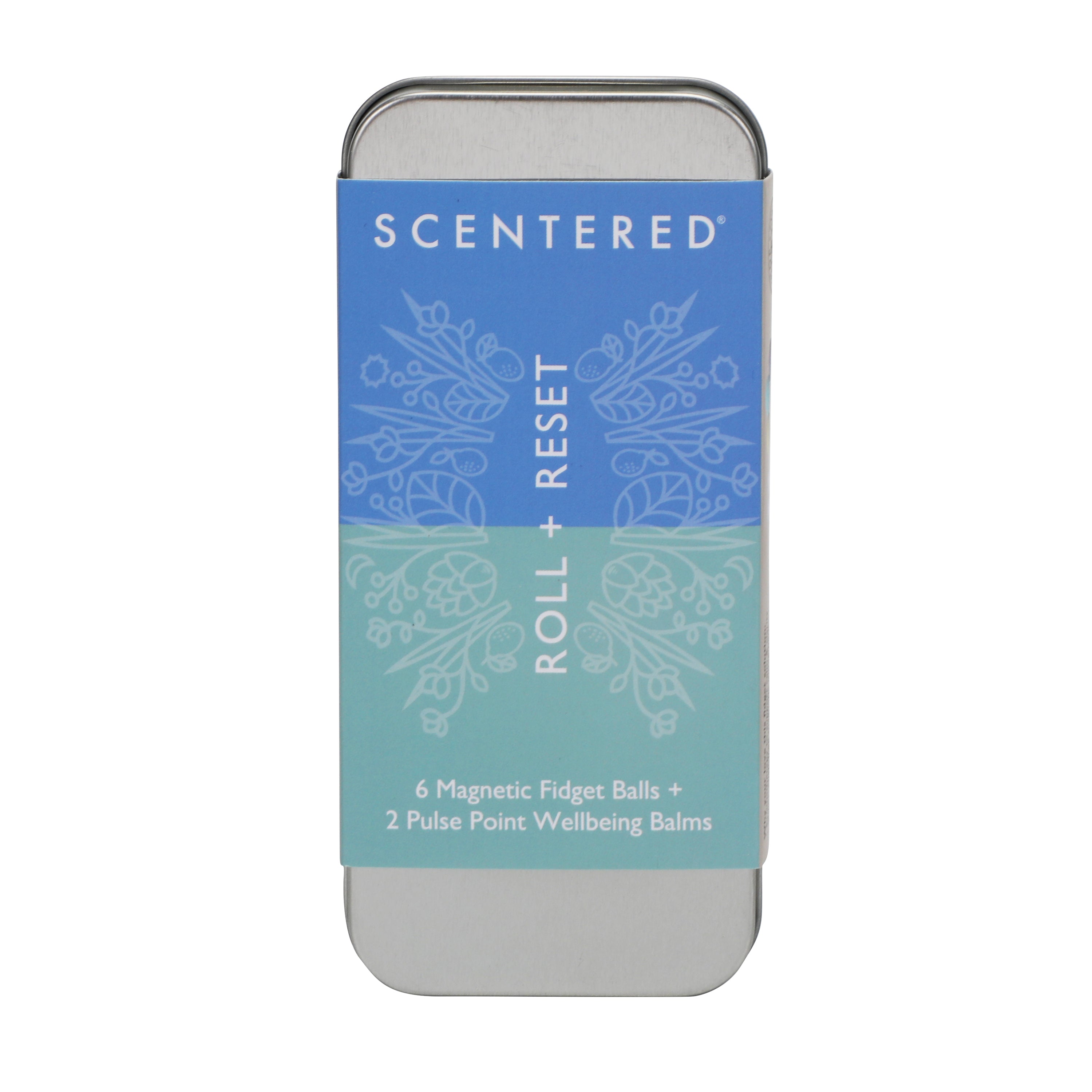Portable Focus & Reset tin set with calming aromatherapy balms and sensory accessories for desk use.