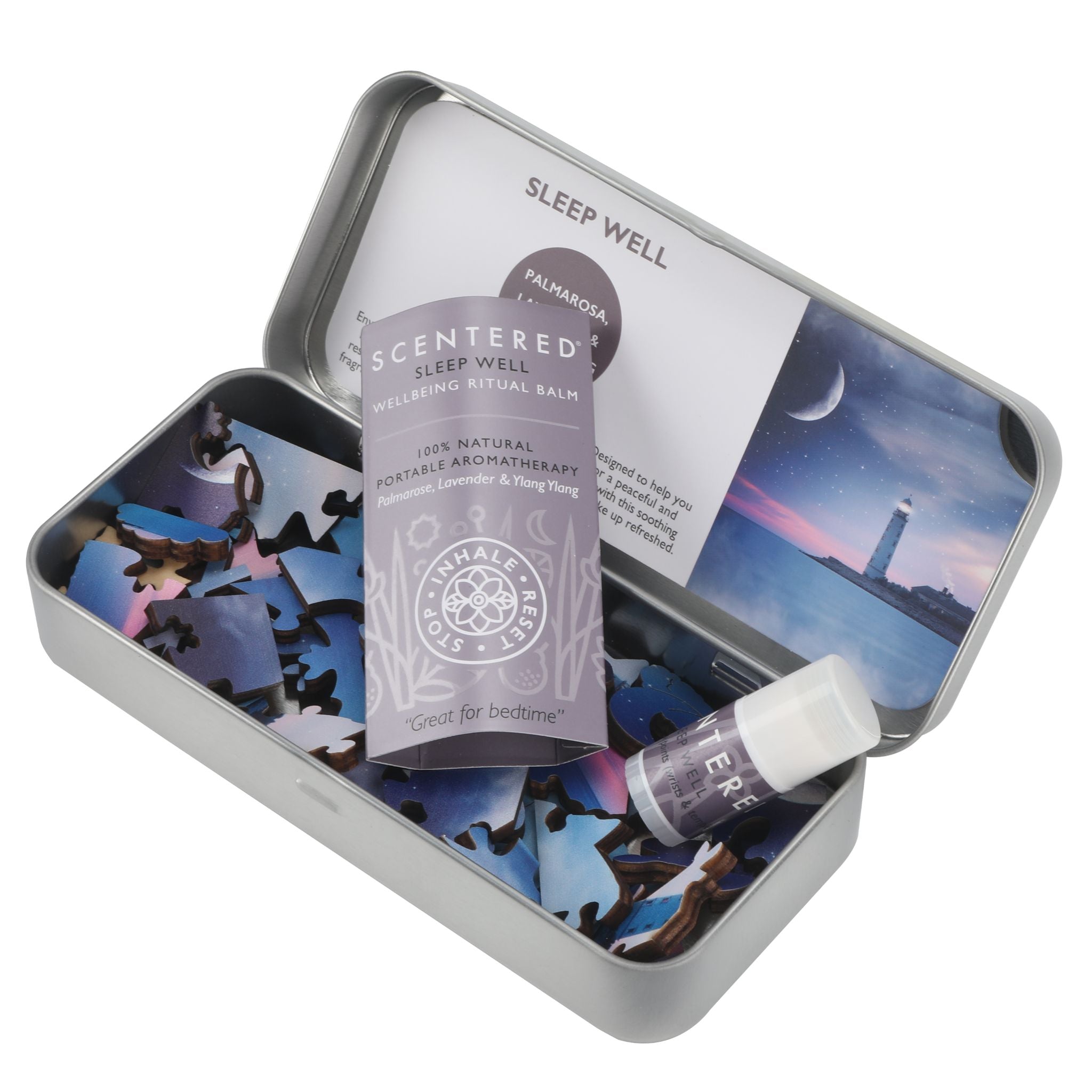 Scentered Sleep Well mini balm in a metal reuseable tin with a Jigsaw puzzle lighthouse design
