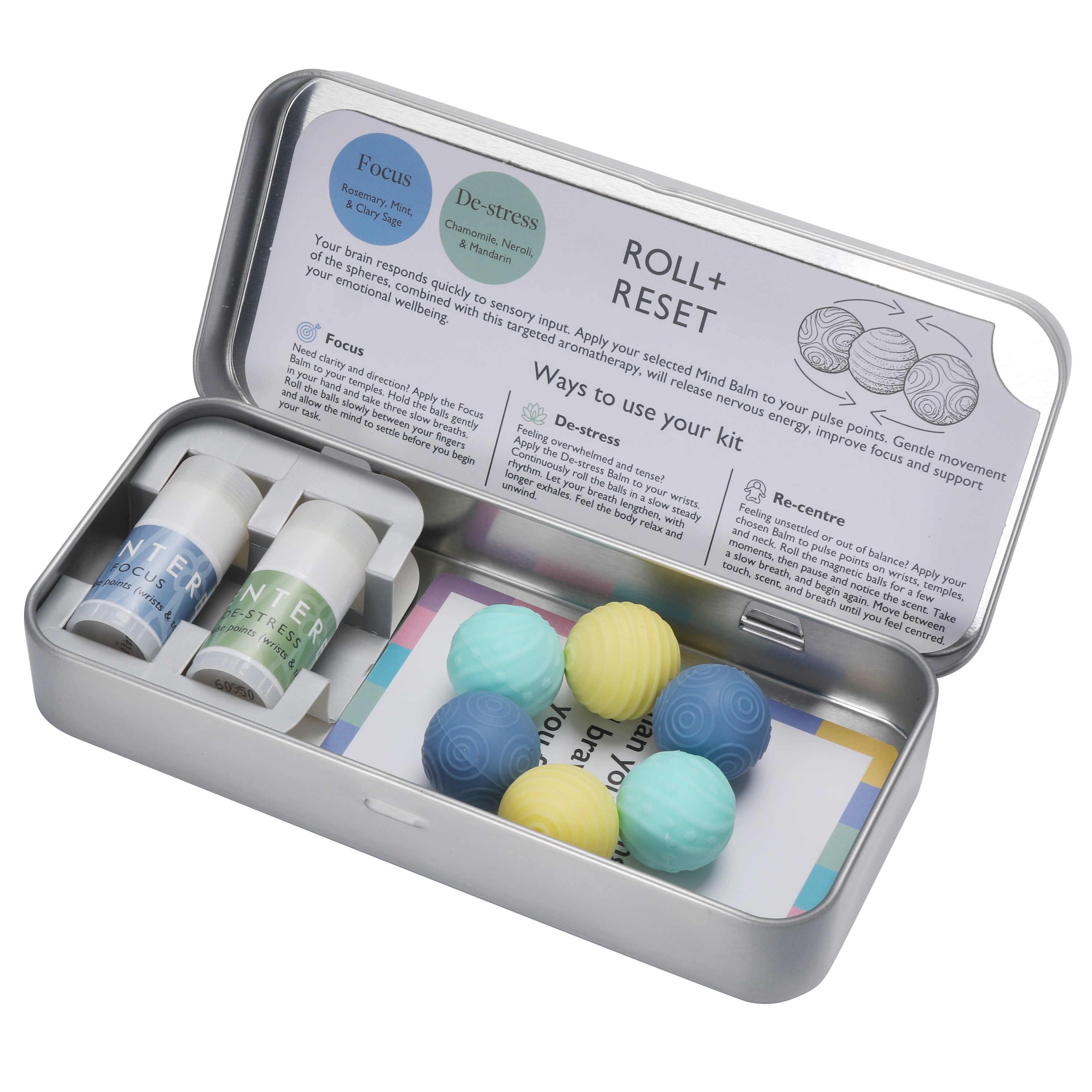 Focus and de-stress essential oil balm set with portable aromatherapy support for relaxation and clarity.