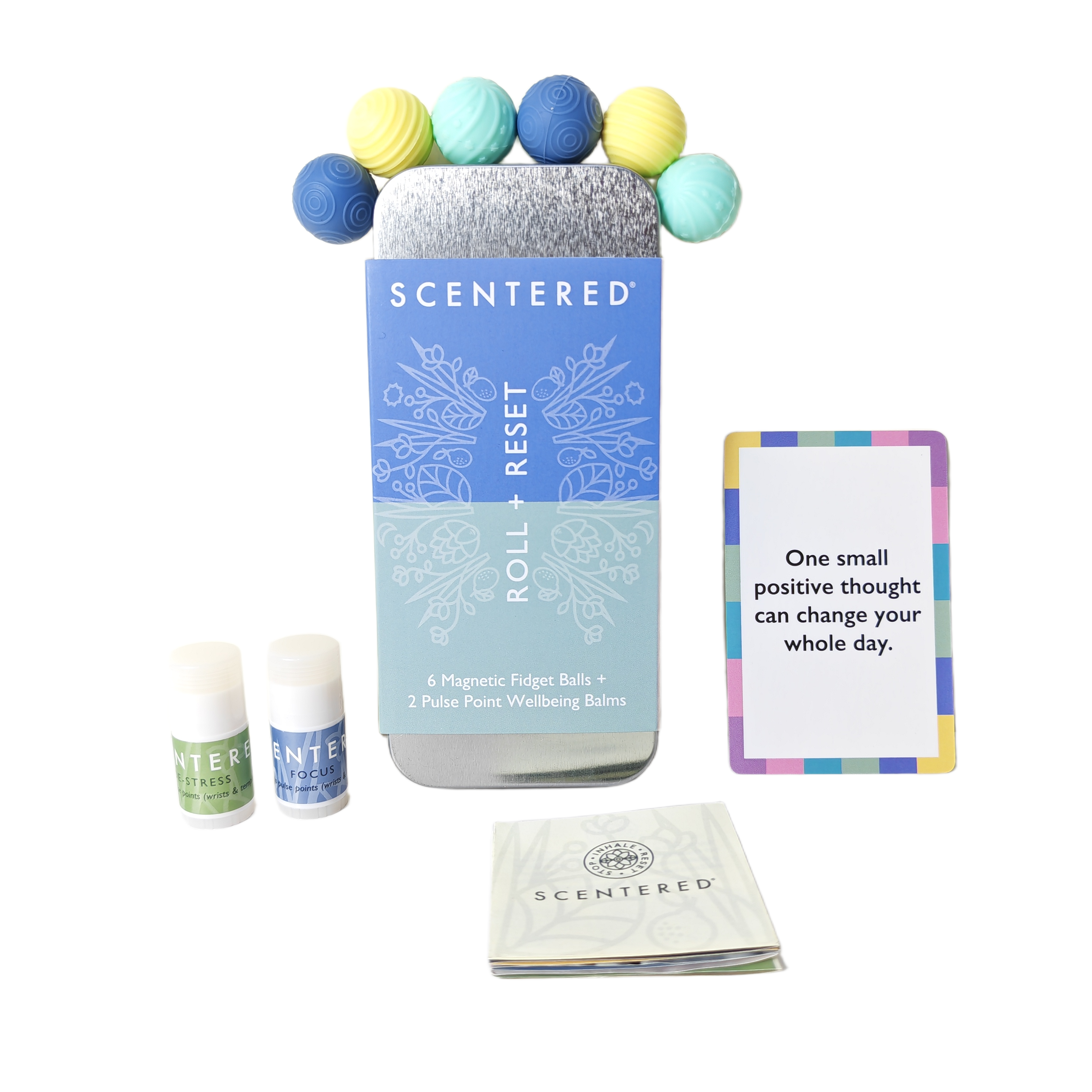 Focus aromatherapy balm set with a motivational affirmation card promoting calm and emotional wellbeing.