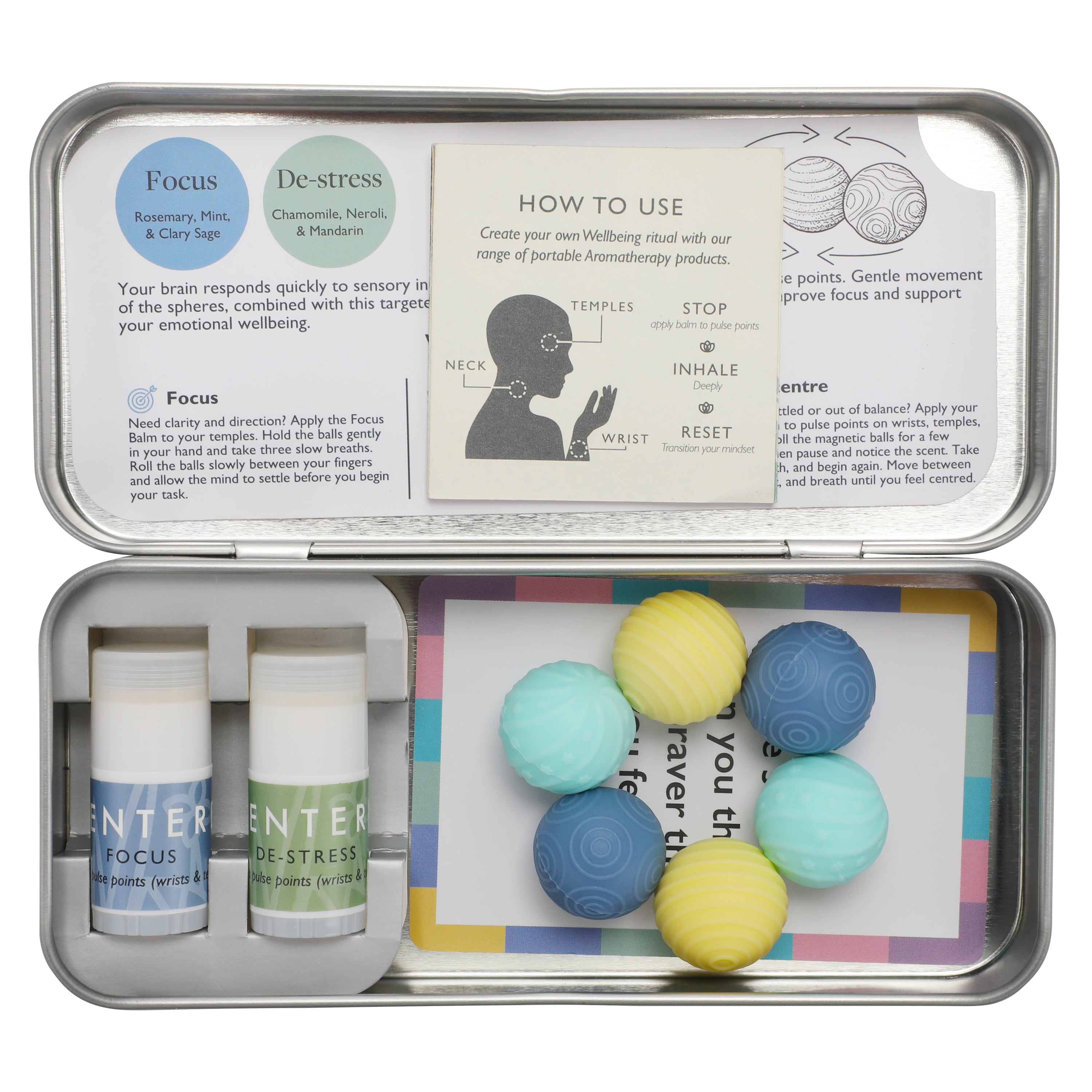 Scentered press relief mini balm set designed to help ease stress and promote calm throughout the day.