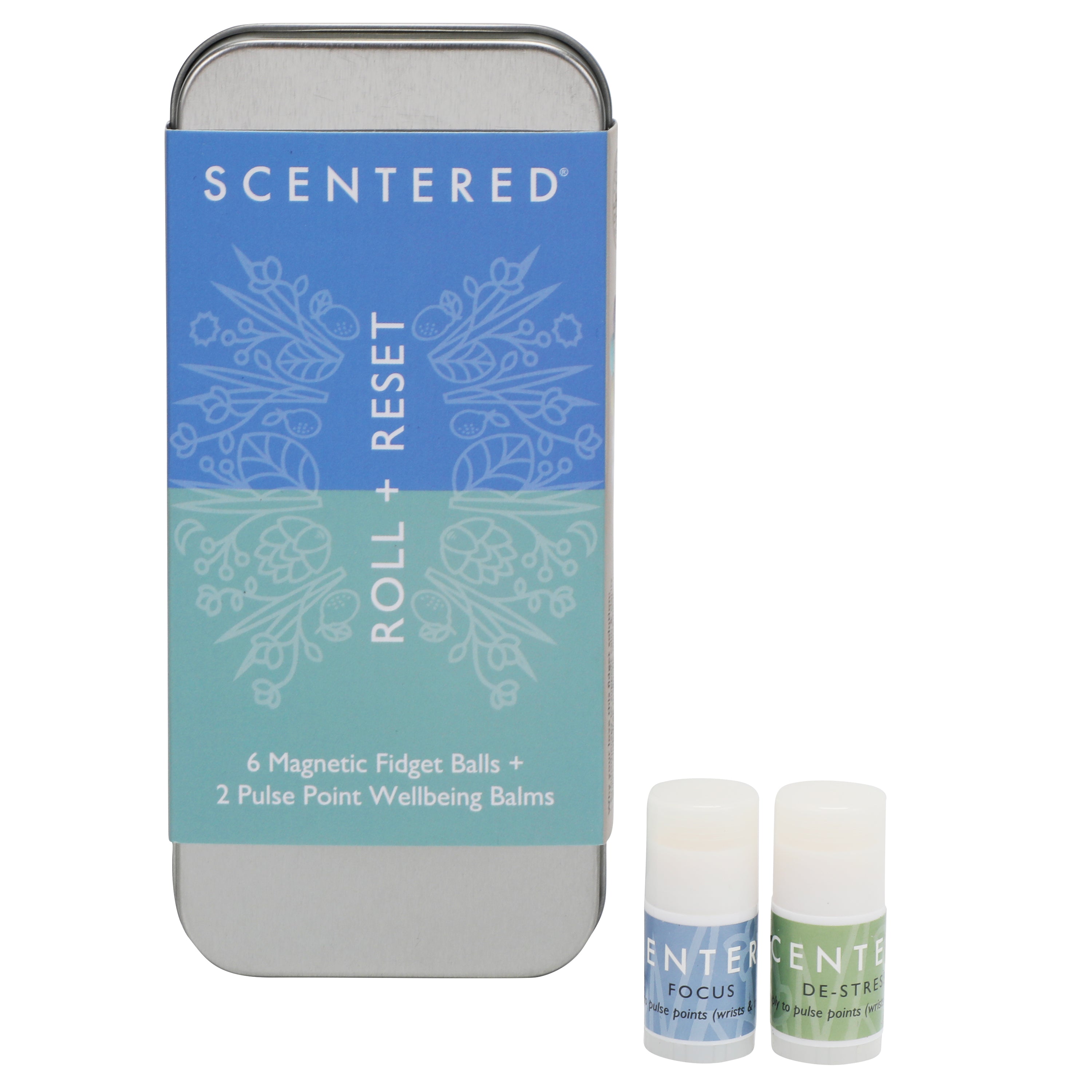 Focus and de-stress balm set displayed in a calming workspace for mindfulness and daily stress relief.