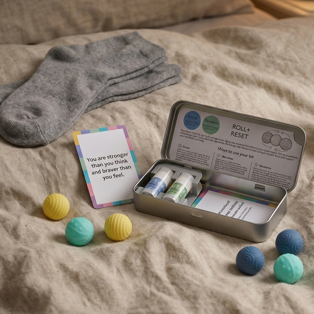 Scentered Roll & Reset balm set is displayed on a bed with stress relief sensory balls and aromatherapy balms.