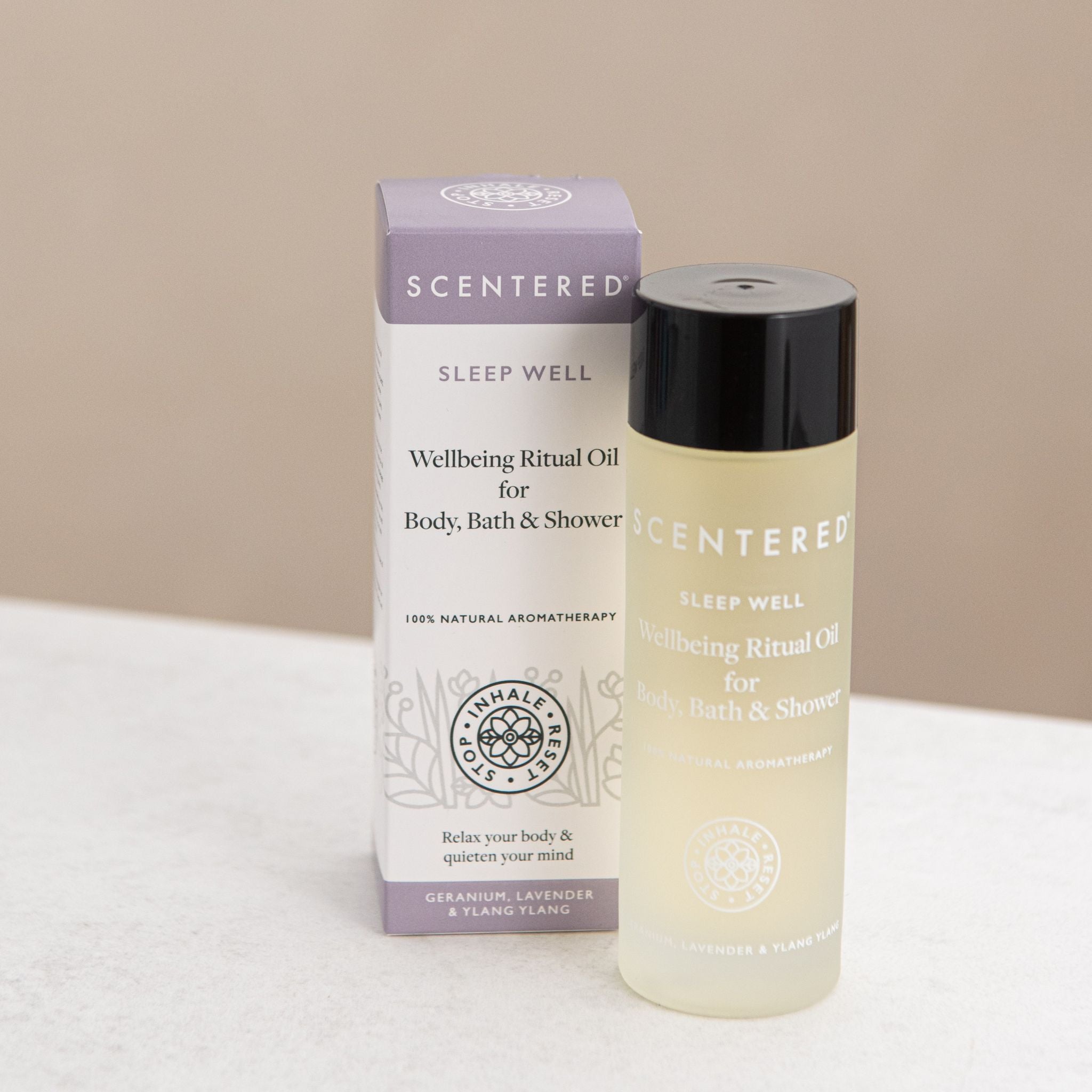 Scentered wellbeing ritual oil bottle and packaging on a neutral background