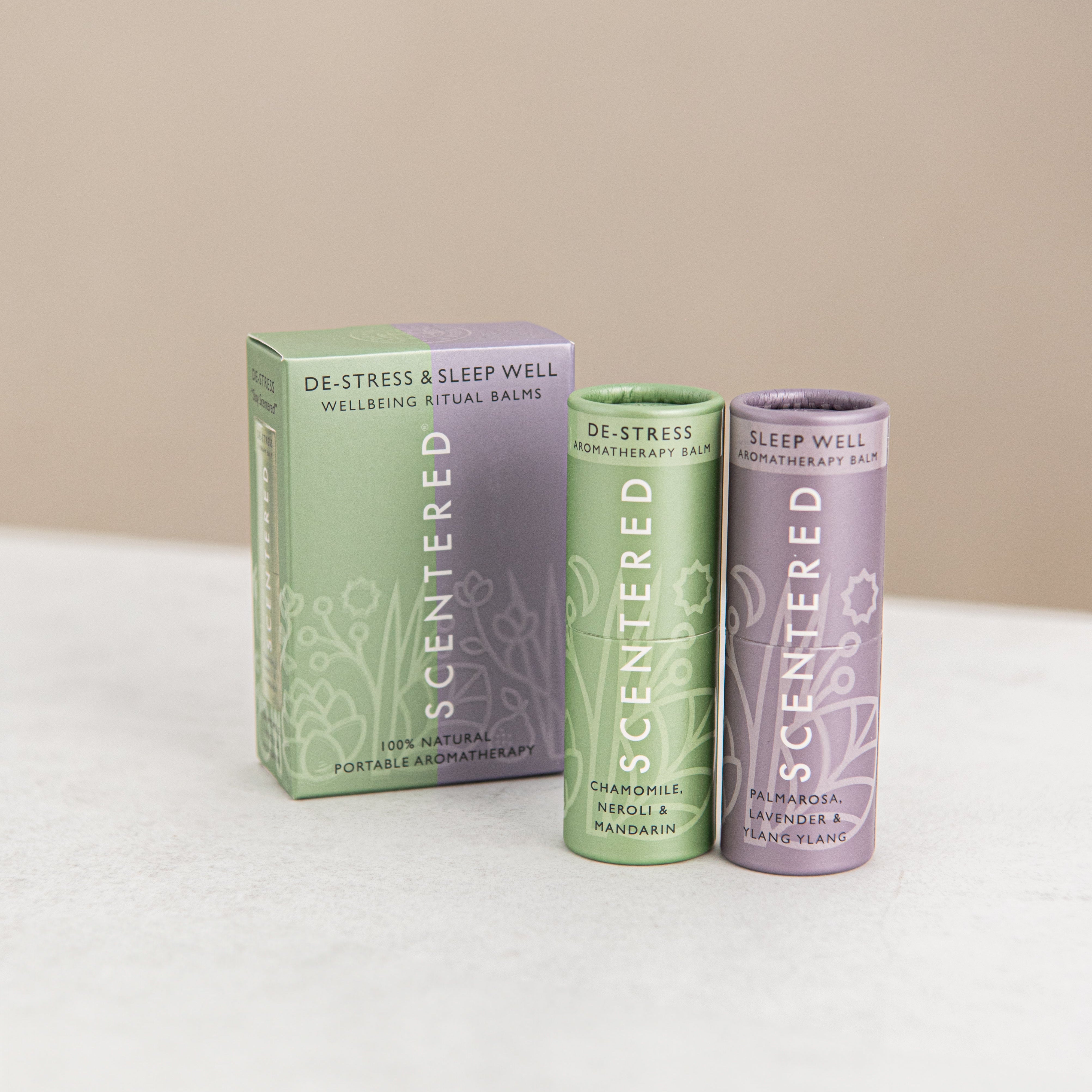 De-stress Balm and Sleep well Balm are displayed together with their packaging.