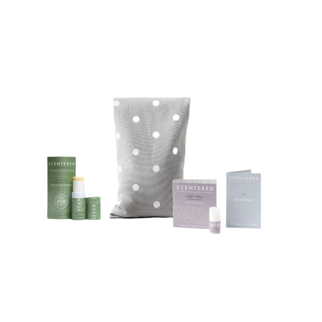 Scentered De-stress Relaxation Set including De-stress Balm, Wheaty bag and Sleep Well mini balm