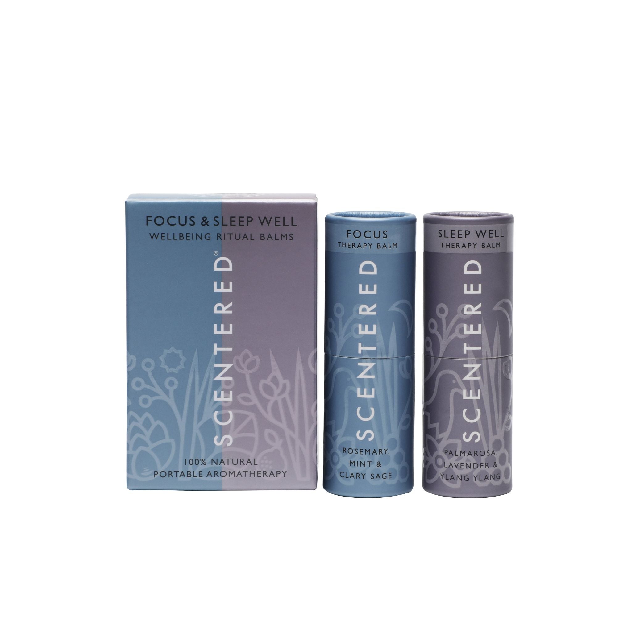 Two Scentered sleep and focus balms and a box on a white background