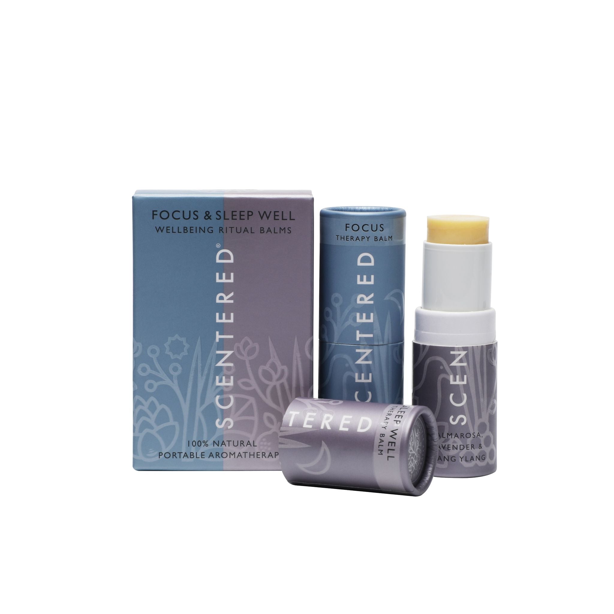Scentered wellness balms and packaging on a white background