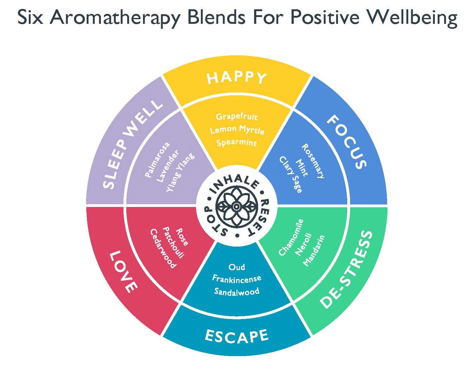 Colorful wheel of aromatherapy balms for positive wellbeing with labels and essential oil names.
