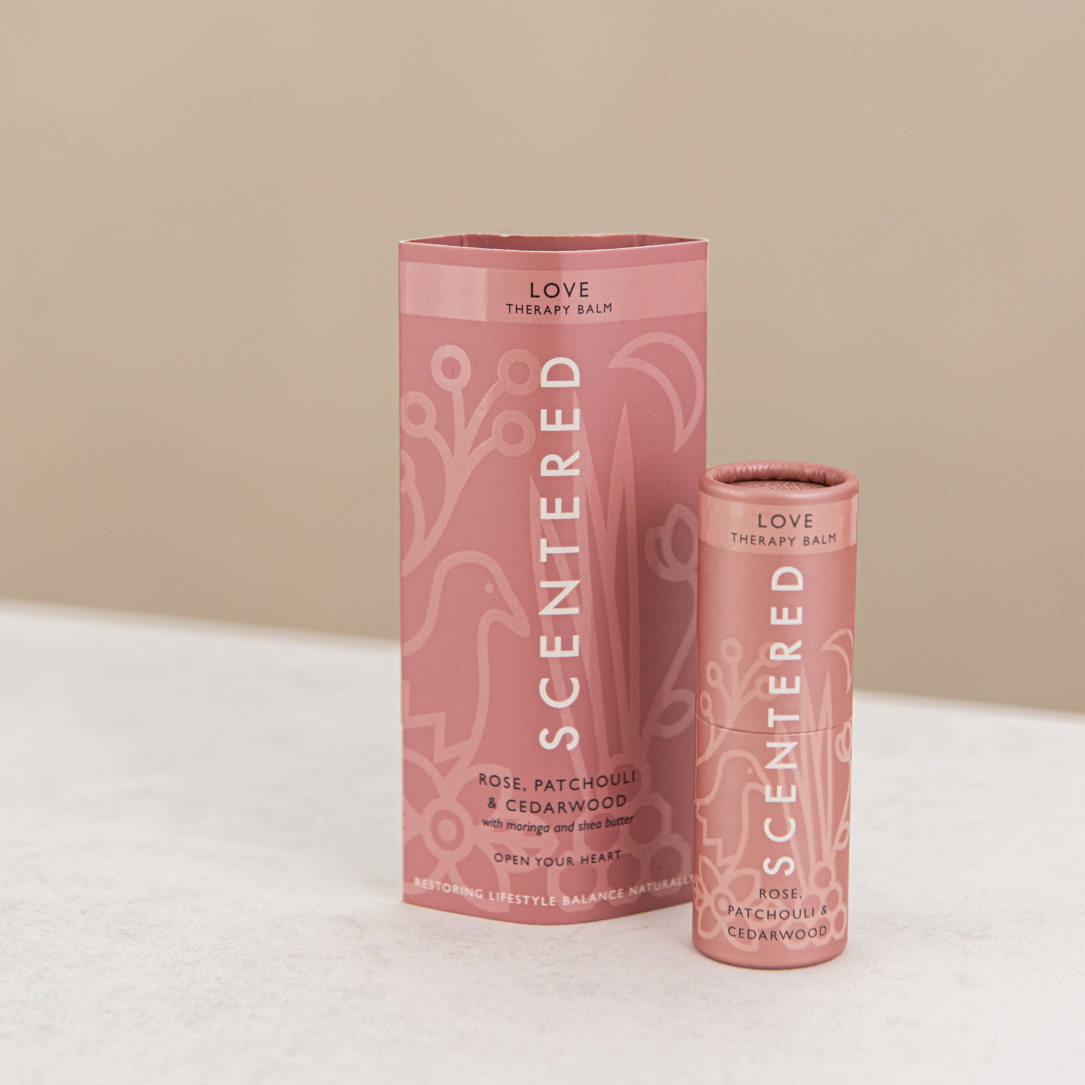 Love balm with sleeve package on display.