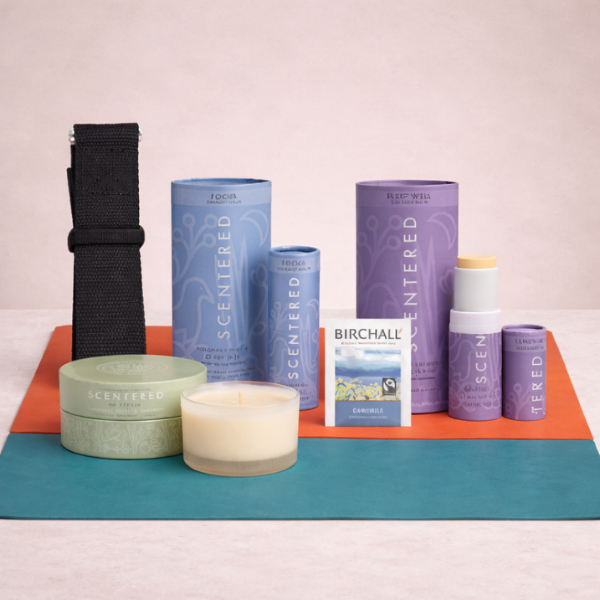 Scentered Wellness Aromatherapy Gift Set with Focus, Sleep Well & No Stress Balms, Scented Candle, Birchall Chamomile Tea and Portable Strap – Natural Self-Care & Mindfulness Kit