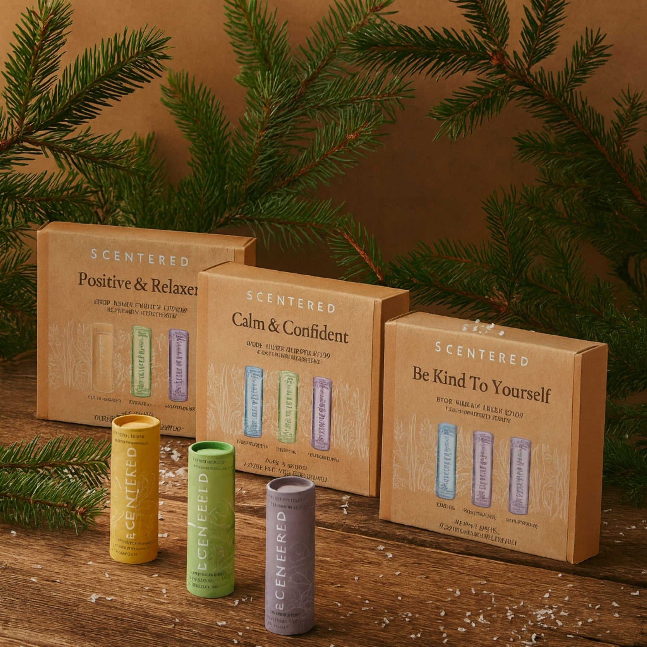 Three boxes of 'Scentered' products with happy balm, de-stress balm and sleep well balm on a wooden surface with greenery in the background.