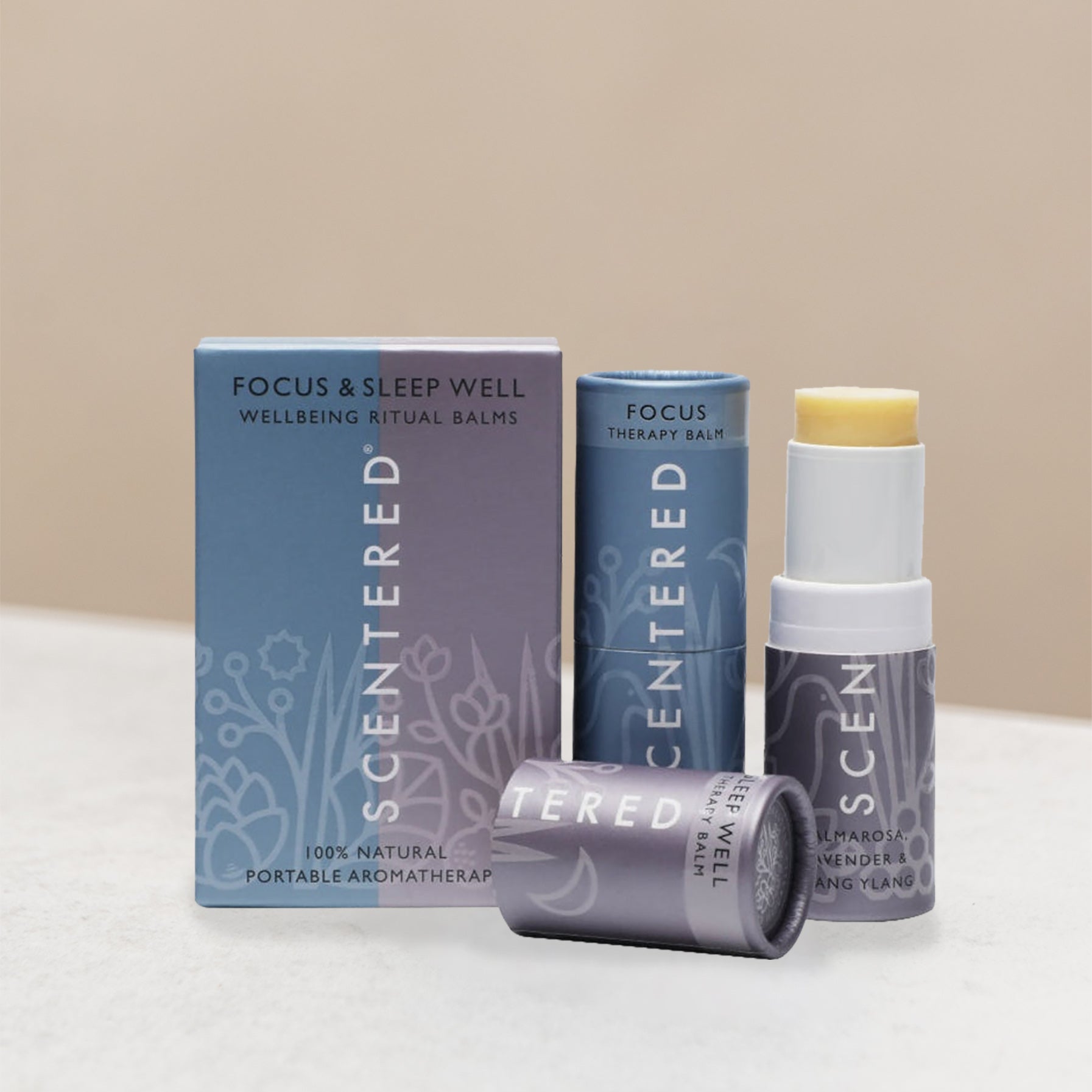Scentered wellness focus and sleep balms and packaging on display
