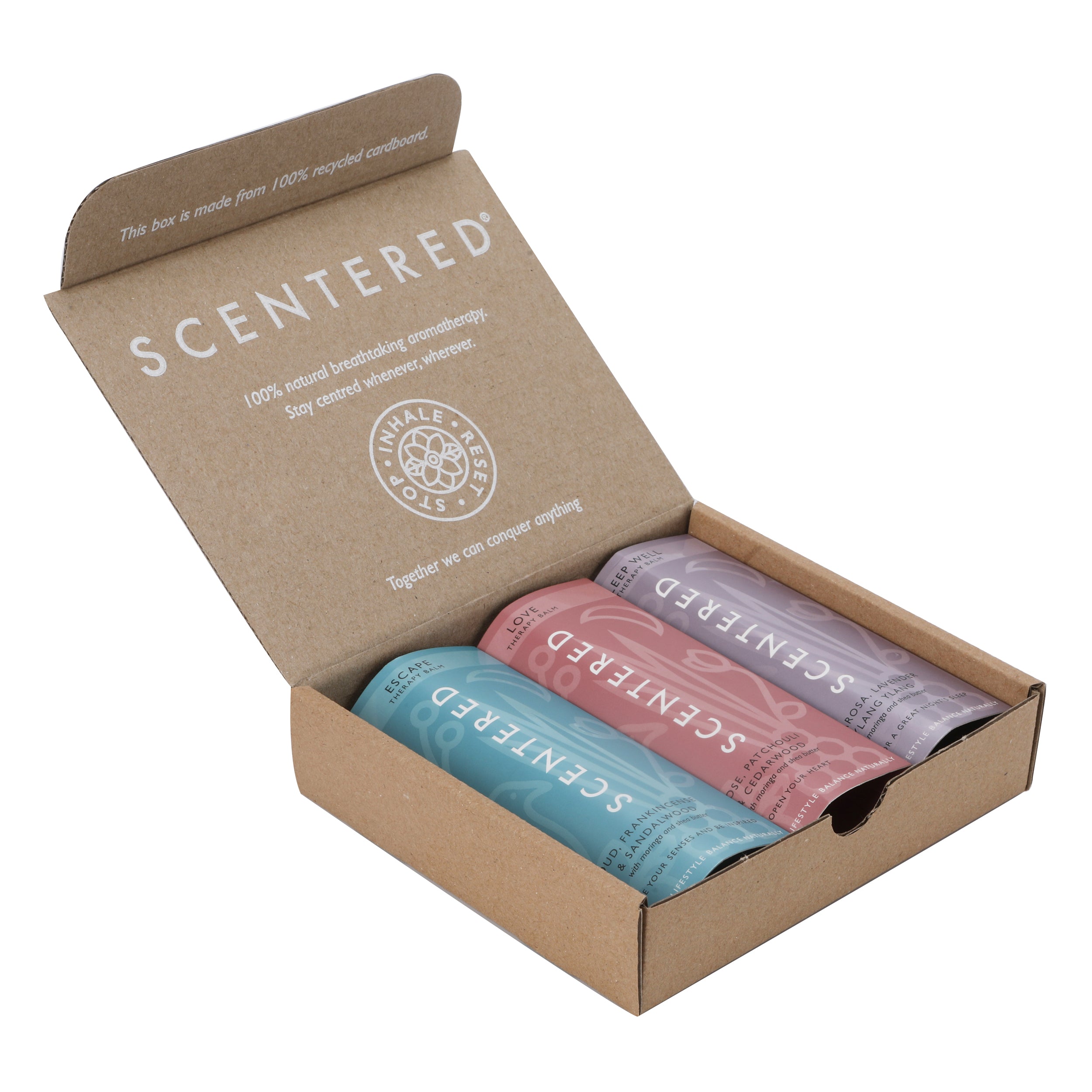 There are 3 balms in a package including escape balm, love balm and sleep well balm.