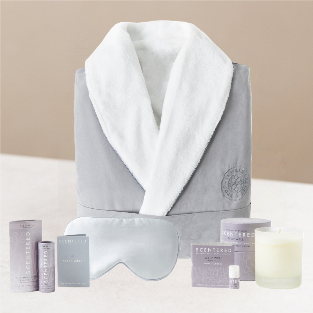 Ultimate_Luxury_Sleep_Well_gift_set including sleep well balm, sleep well mini balm, candle, bathrobe and eye mask.