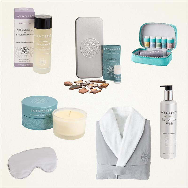Collection of Scentered products. Daily Ritual collection, Escape Change of Pace, Sleep Well oil for body, De-stress Body & Hand Wash, Escape Travel candle, Silk Eye Mask and Bath RObe