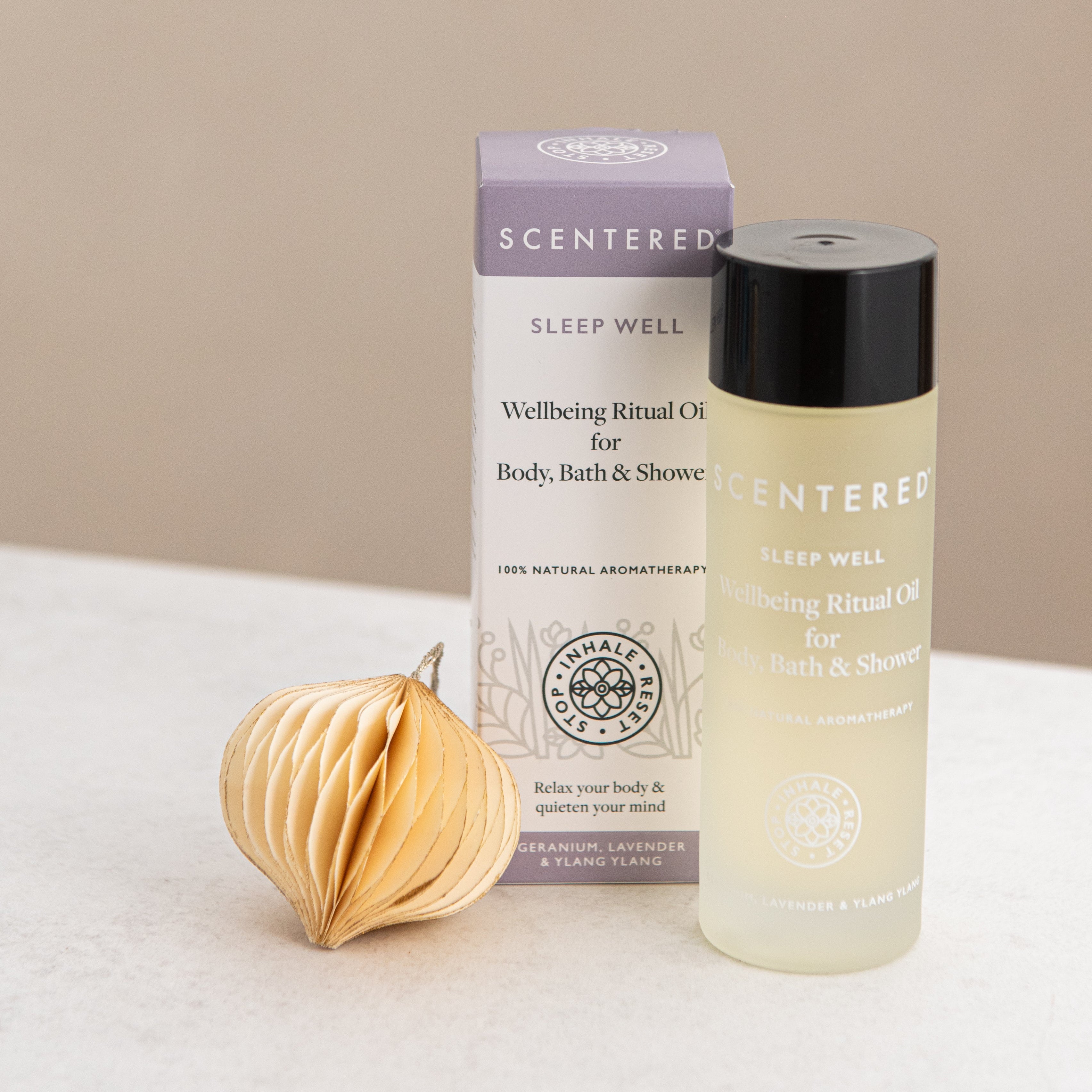 Sleep well oil and package with the Christmas decoration.