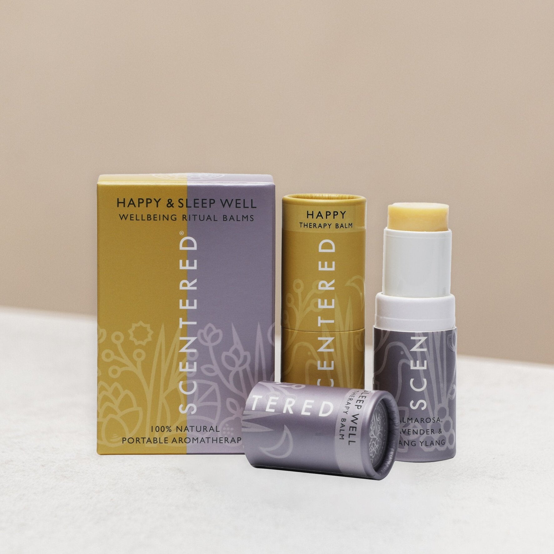 Scentered wellness ritual balms including happy and sleep well balm.