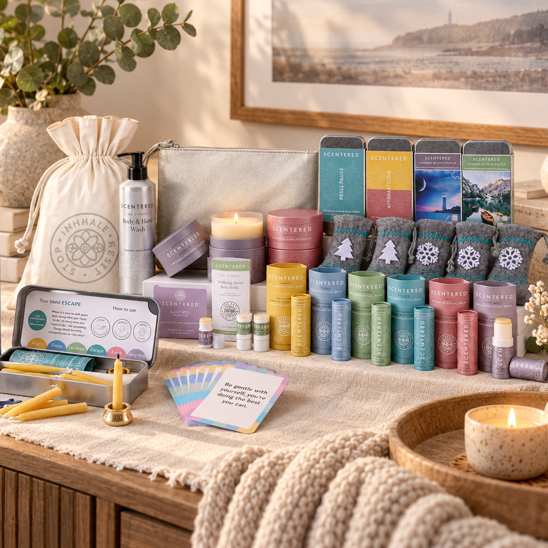 The wellbeing booster box includes a white drawstring bag, a De-stress Body Wash pump bottle, 2 large candles, 4 gift tins ins, 6 pulse point aromatherapy balms, felt stockings, silver gift bag, a refill balm dup and other small home-care items.