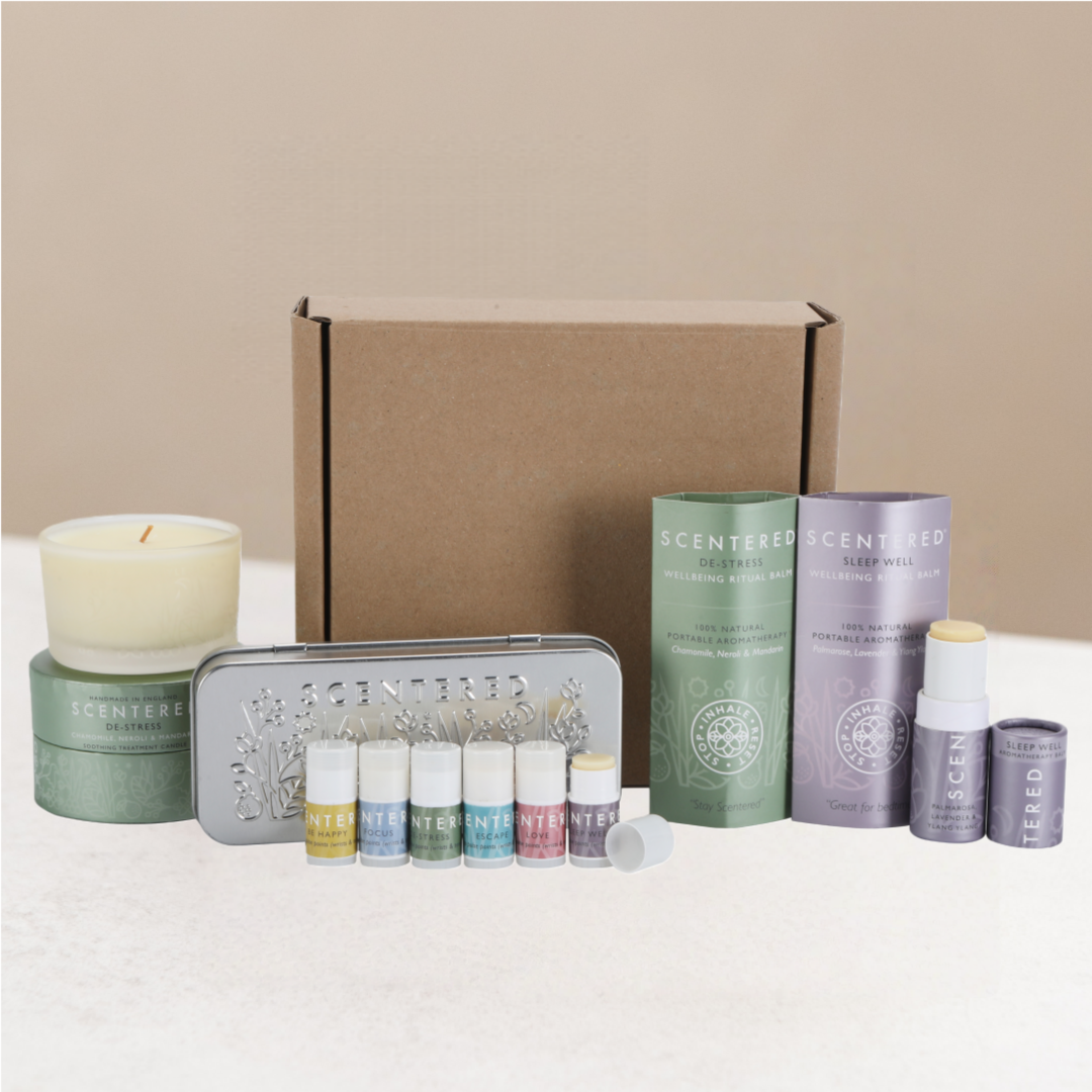 Starter kit including mini balms with tin and De-stress Sleep well 5g balm and De-stress candle with eco box.